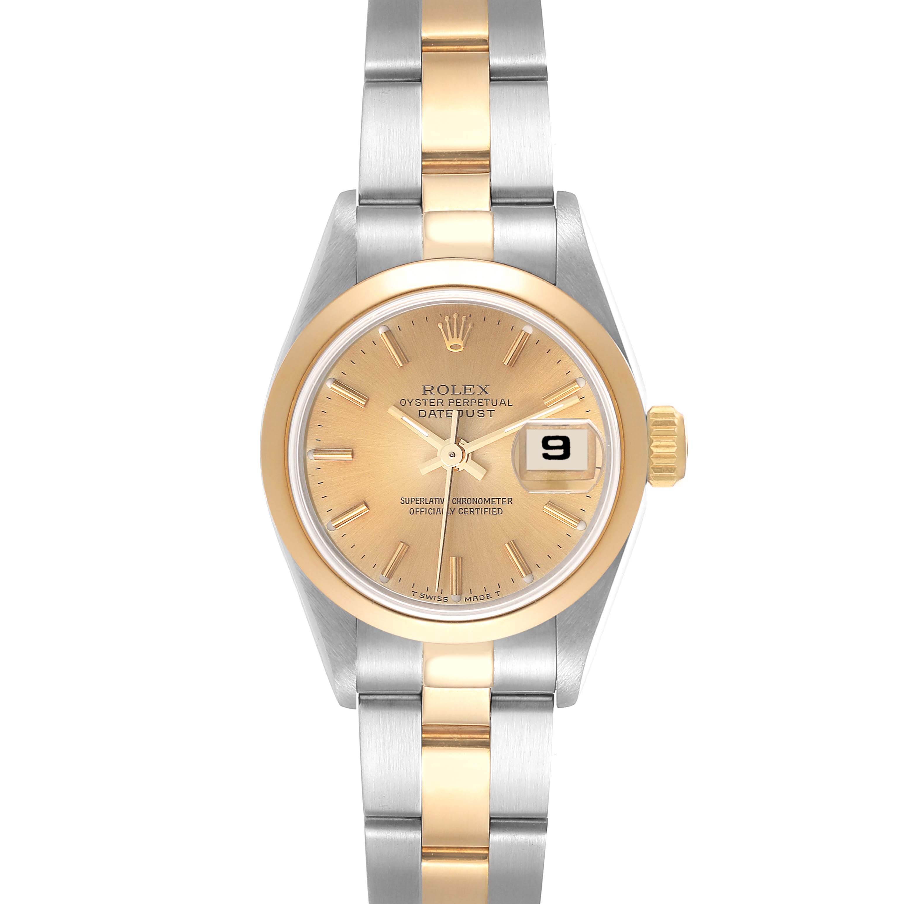 The image shows the front view of a Rolex Datejust 69163 Women's Steel and Gold (two tone) Champagne Dial 69163 Women's Steel and Gold (two tone) Champagne Dial watch, highlighting its dial, bezel, and bracelet.