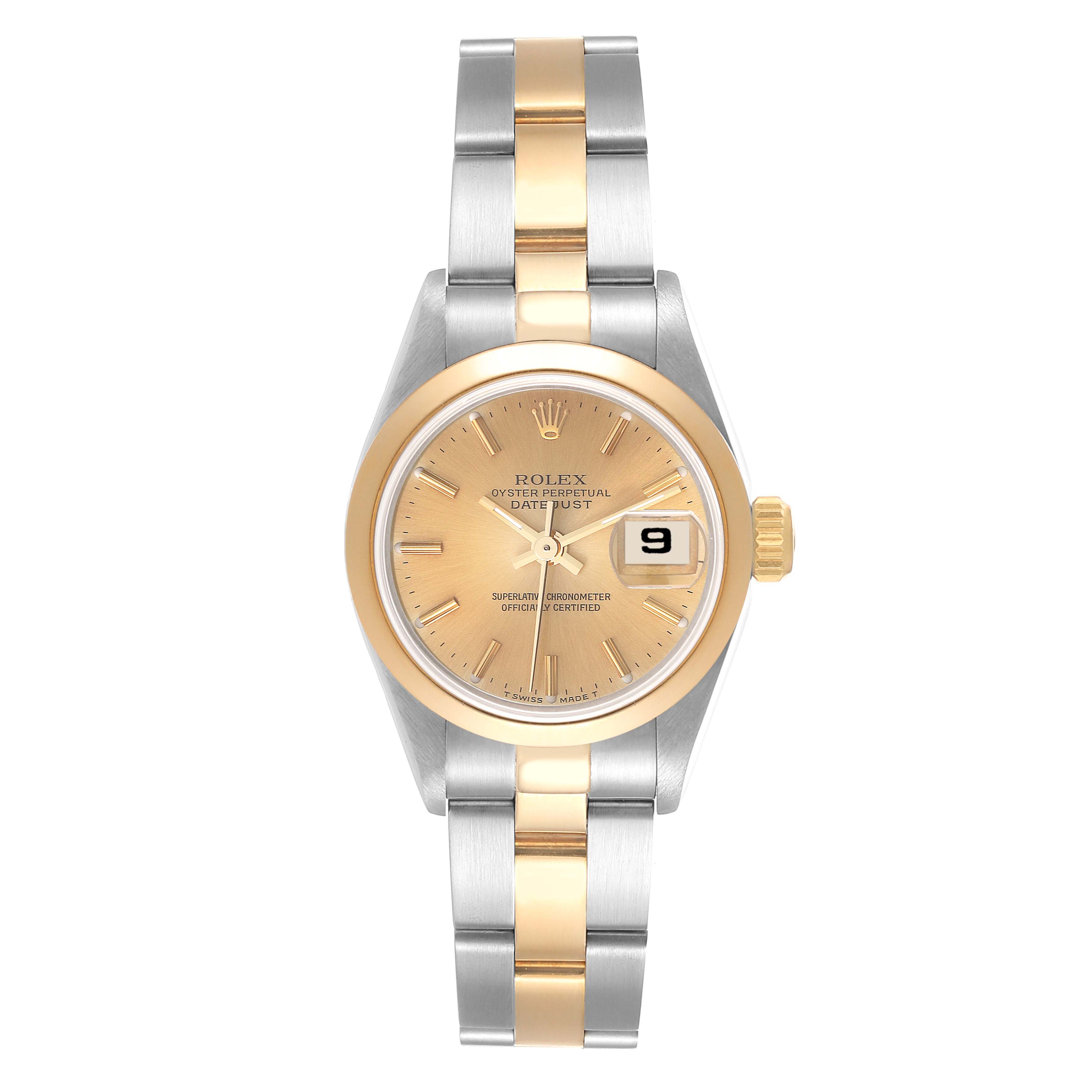 The Rolex Datejust 69163 Women's Steel and Gold (two tone) Champagne Dial 69163 Women's Steel and Gold (two tone) Champagne Dial watch is shown from a top-down angle, displaying its face, dial, bezel, and two-tone bracelet.