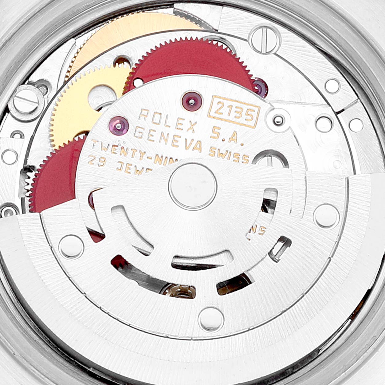 This image shows the movement mechanism of a Rolex Datejust 69163 Women's Steel and Gold (two tone) Champagne Dial 69163 Women's Steel and Gold (two tone) Champagne Dial watch, providing an angled view of its intricate internal components.