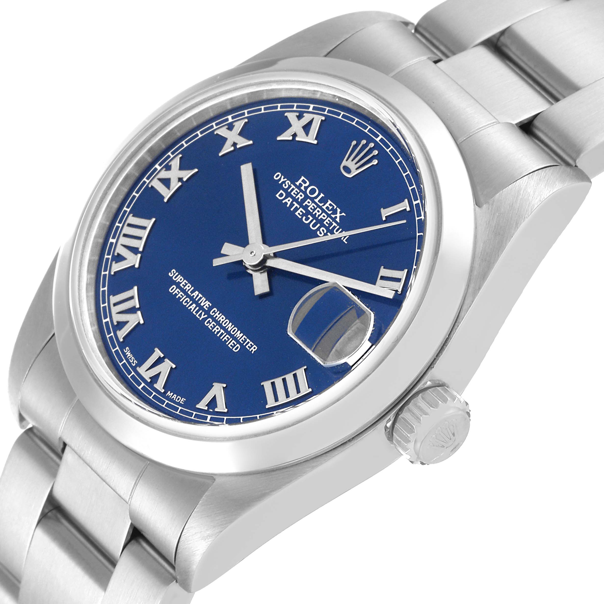 The image shows a side angle of a Rolex Mid-Size 68240 Women
s Stainless Steel Blue Dial 68240 Women
s Stainless Steel Blue Dial Datejust watch, highlighting its blue dial, stainless steel bracelet, and crown.