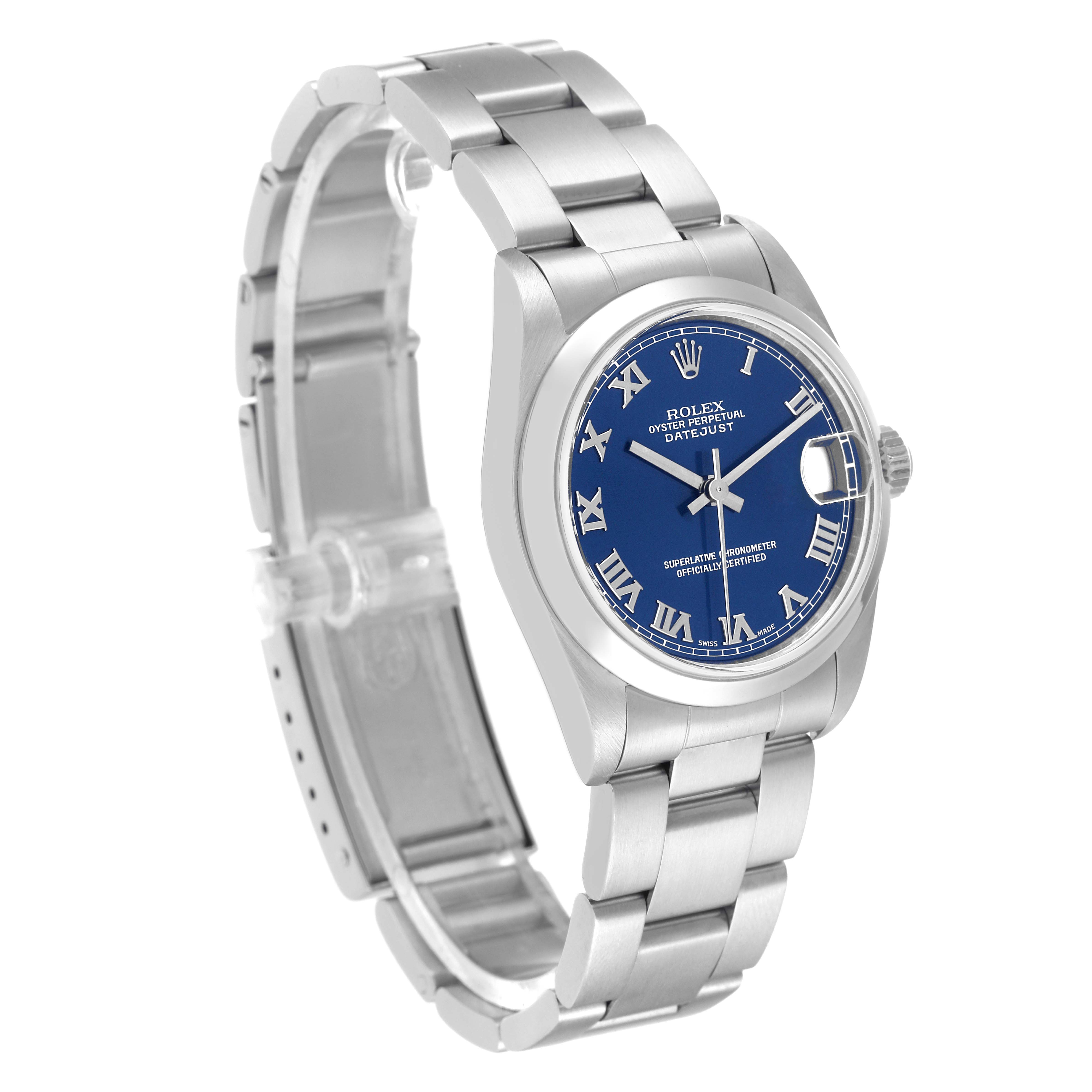 The Rolex Mid-Size 68240 Women
s Stainless Steel Blue Dial 68240 Women
s Stainless Steel Blue Dial watch is shown at a slight angle, displaying the face, bezel, and bracelet.
