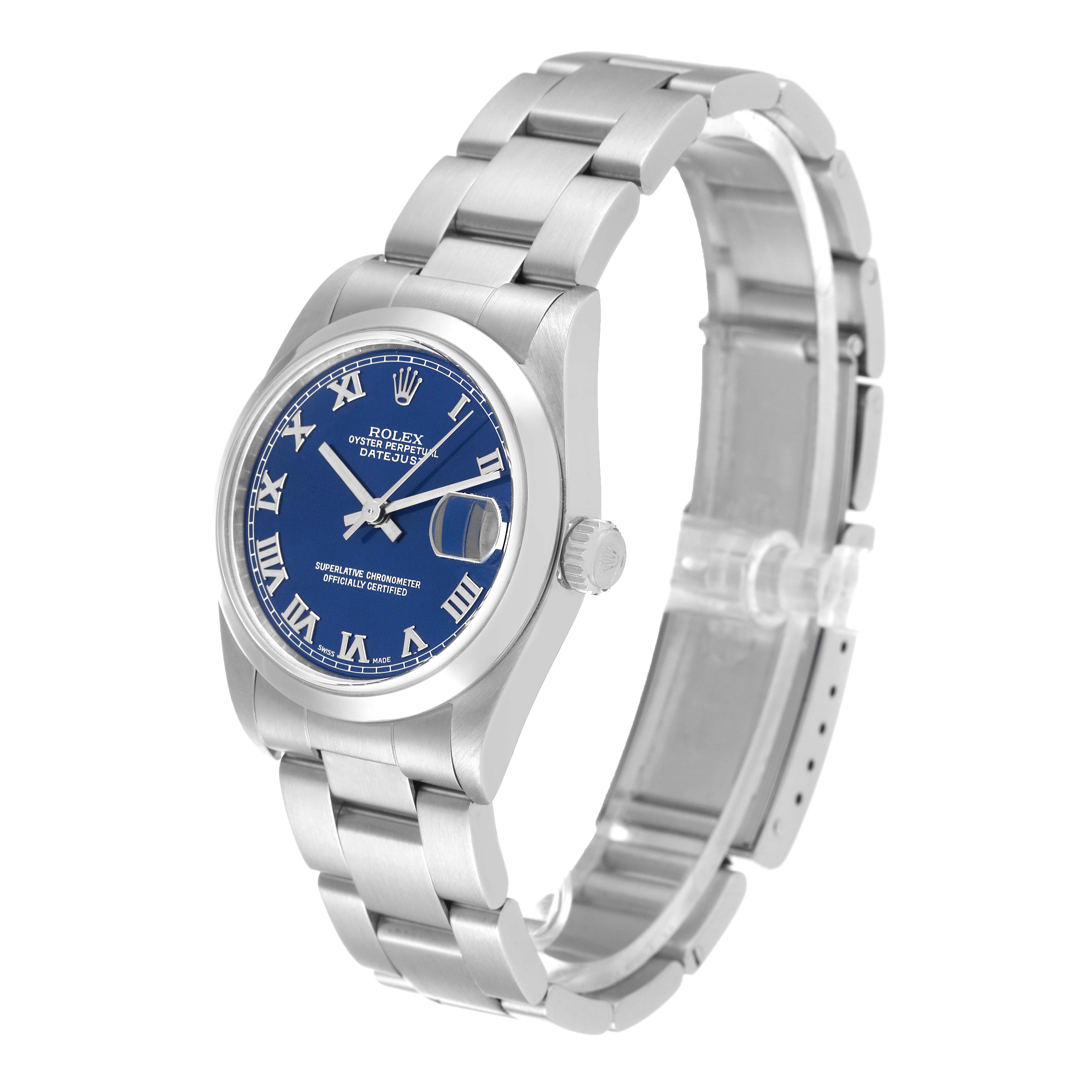 The image shows a Rolex Mid-Size 68240 Women
s Stainless Steel Blue Dial 68240 Women
s Stainless Steel Blue Dial Oyster Perpetual Datejust watch from a three-quarter side angle, highlighting its blue dial and bracelet.