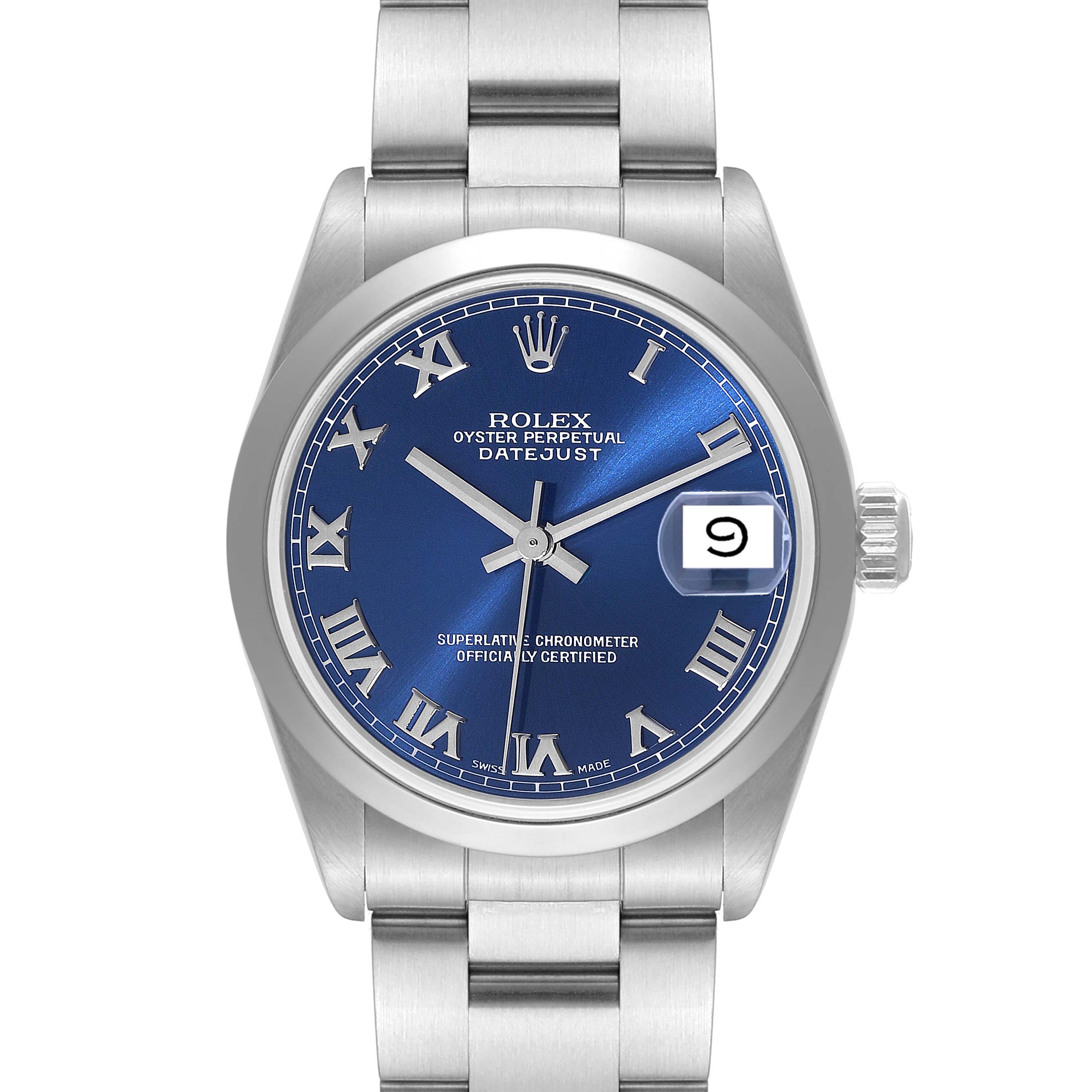 This image shows a front view of a Mid-Size Rolex Datejust watch with a blue dial and silver Roman numerals.