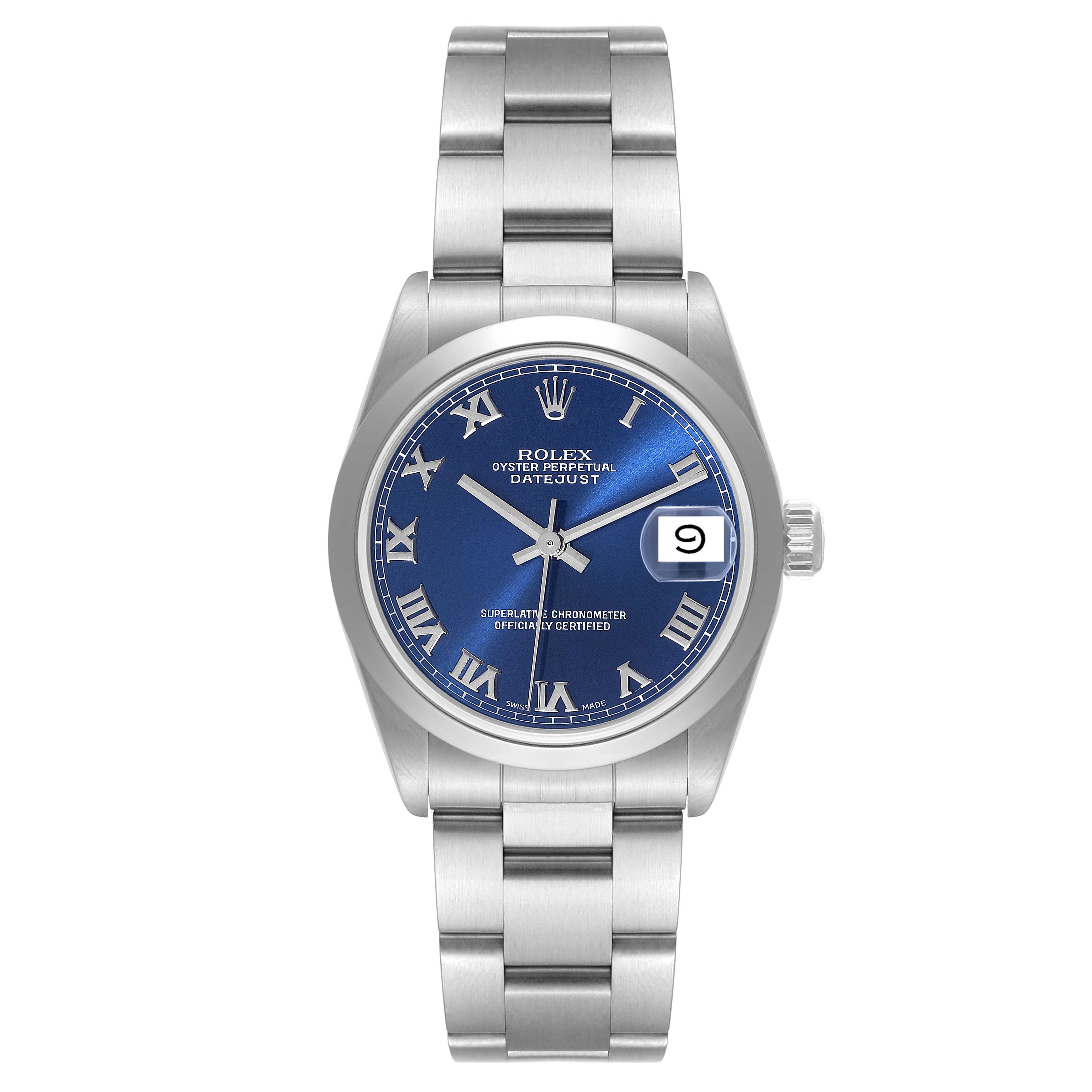 This image shows the front view of the Rolex Mid-Size 68240 Women
s Stainless Steel Blue Dial 68240 Women
s Stainless Steel Blue Dial Datejust watch, displaying its blue dial, Roman numerals, and date window.