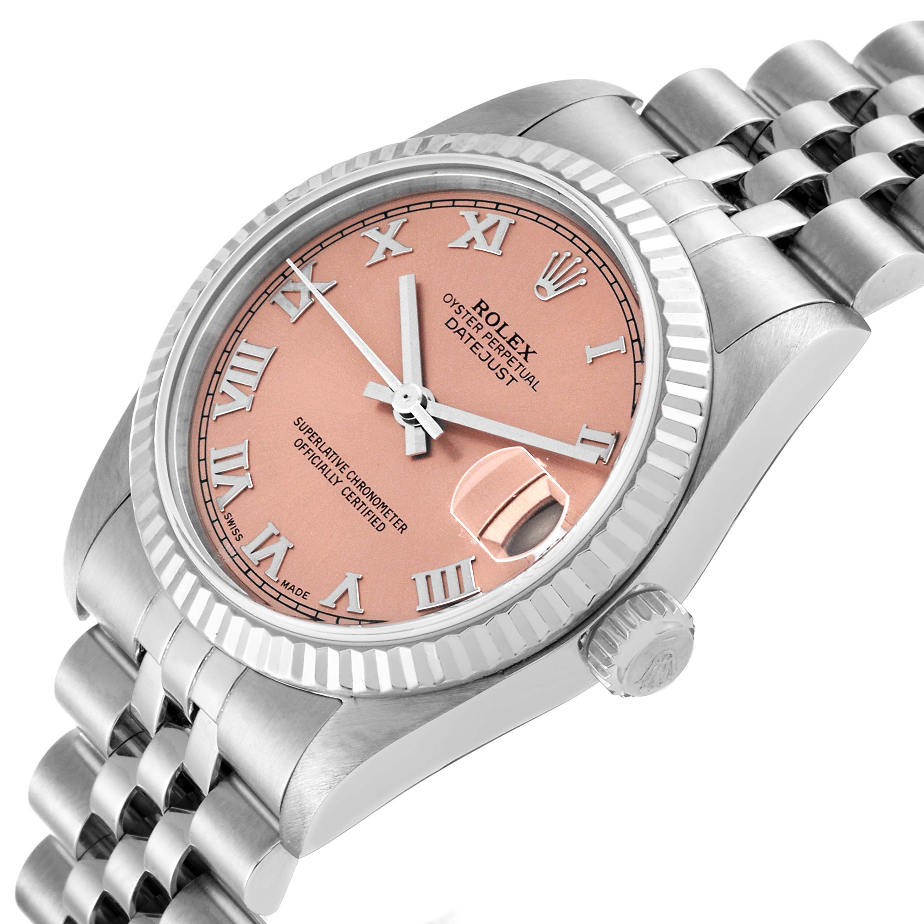 The image shows a Rolex Mid-Size 78274 Women's Stainless Steel Pink Dial 78274 Women's Stainless Steel Pink Dial Datejust watch at a slight angle, highlighting its pink Roman numeral dial, fluted bezel, and jubilee bracelet.
