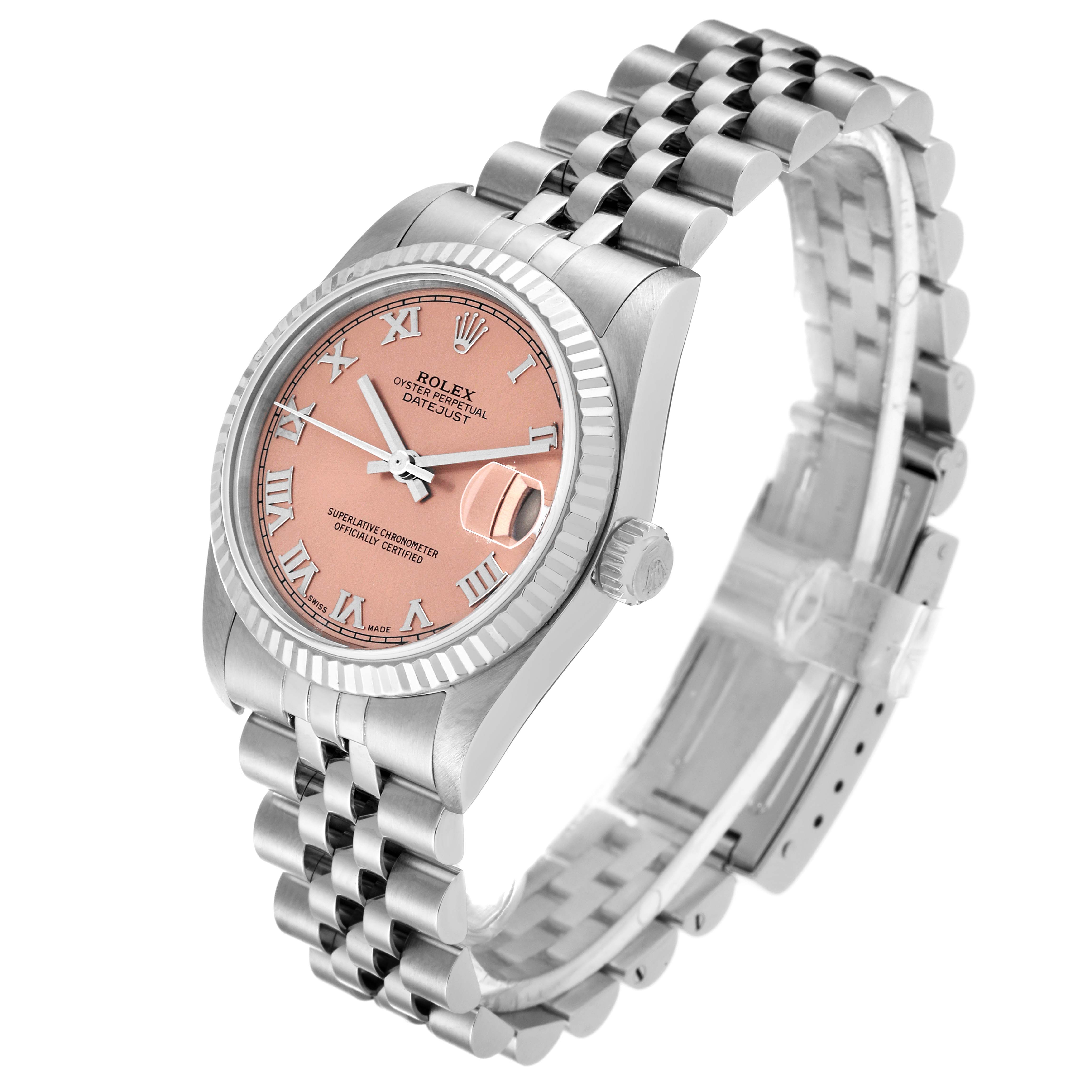 The image shows a front-side angle of the Rolex Mid-Size 78274 Women's Stainless Steel Pink Dial 78274 Women's Stainless Steel Pink Dial Datejust, highlighting the pink dial, oyster bracelet, and date magnifier.