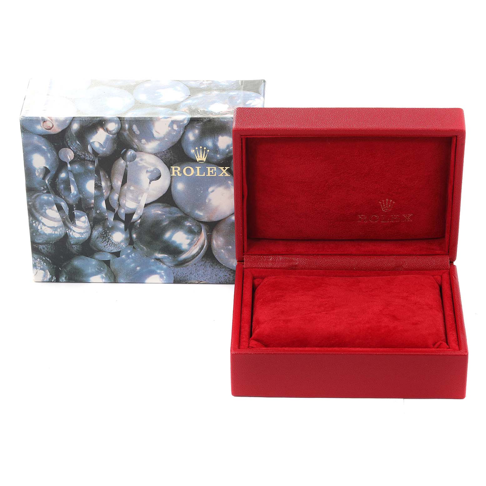 The image shows a Rolex Mid-Size 78274 Women's Stainless Steel Pink Dial 78274 Women's Stainless Steel Pink Dial watch box, including an open red box with a cushioning pad and an outer decorative box.