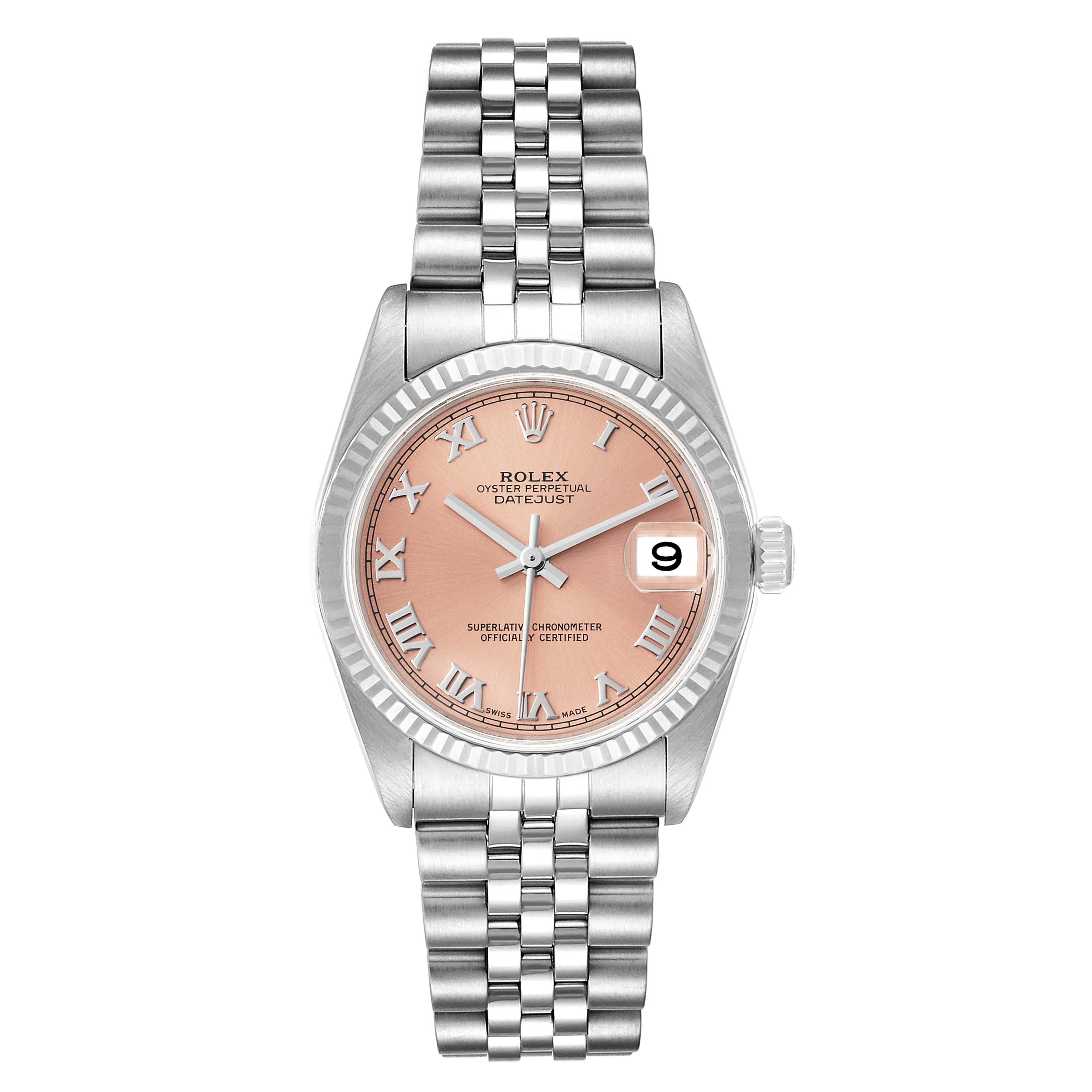 The image shows a front view of a Rolex Oyster Perpetual Datejust Mid-Size with a pink dial and jubilee bracelet.