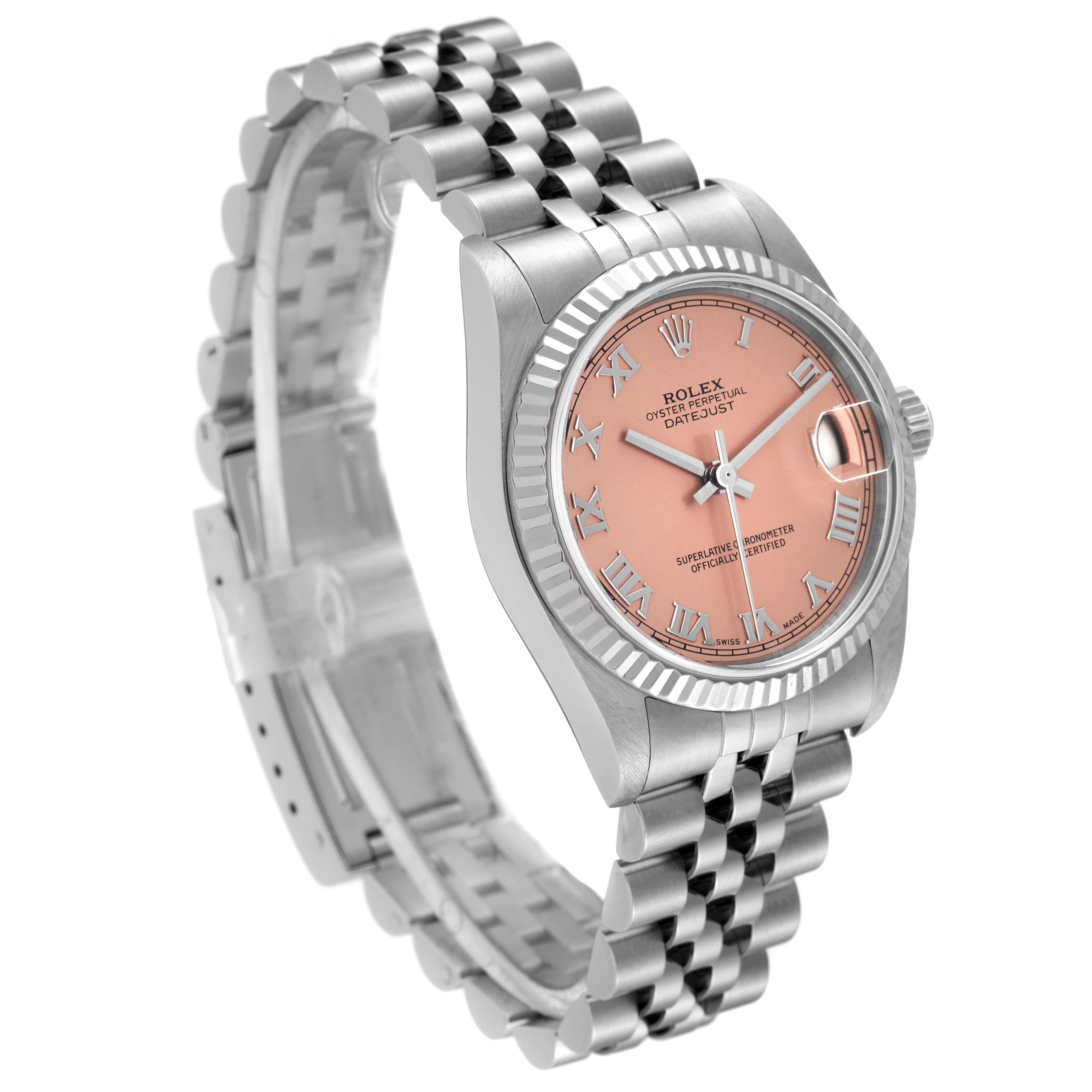 The Rolex Mid-Size 78274 Women's Stainless Steel Pink Dial 78274 Women's Stainless Steel Pink Dial watch is shown at a three-quarter angle, highlighting the face, bezel, case, and band.