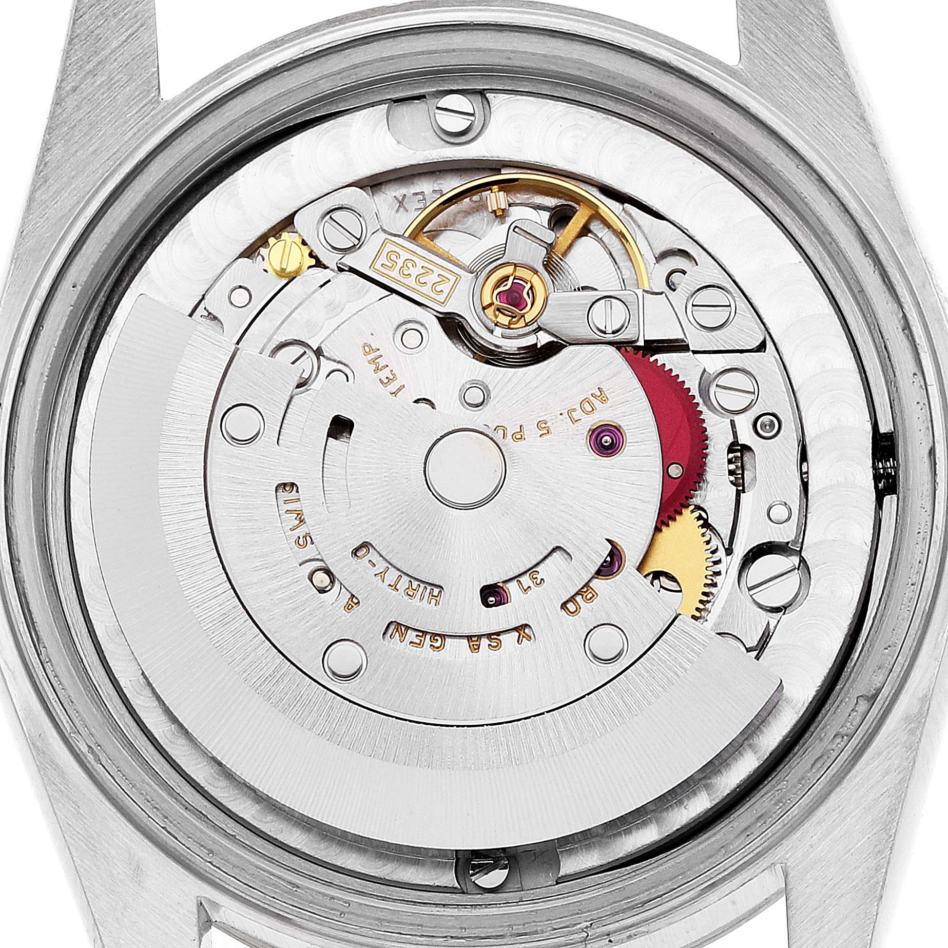 The image shows the movement and internal mechanisms of the Mid-Size Rolex watch from a top-down angle.