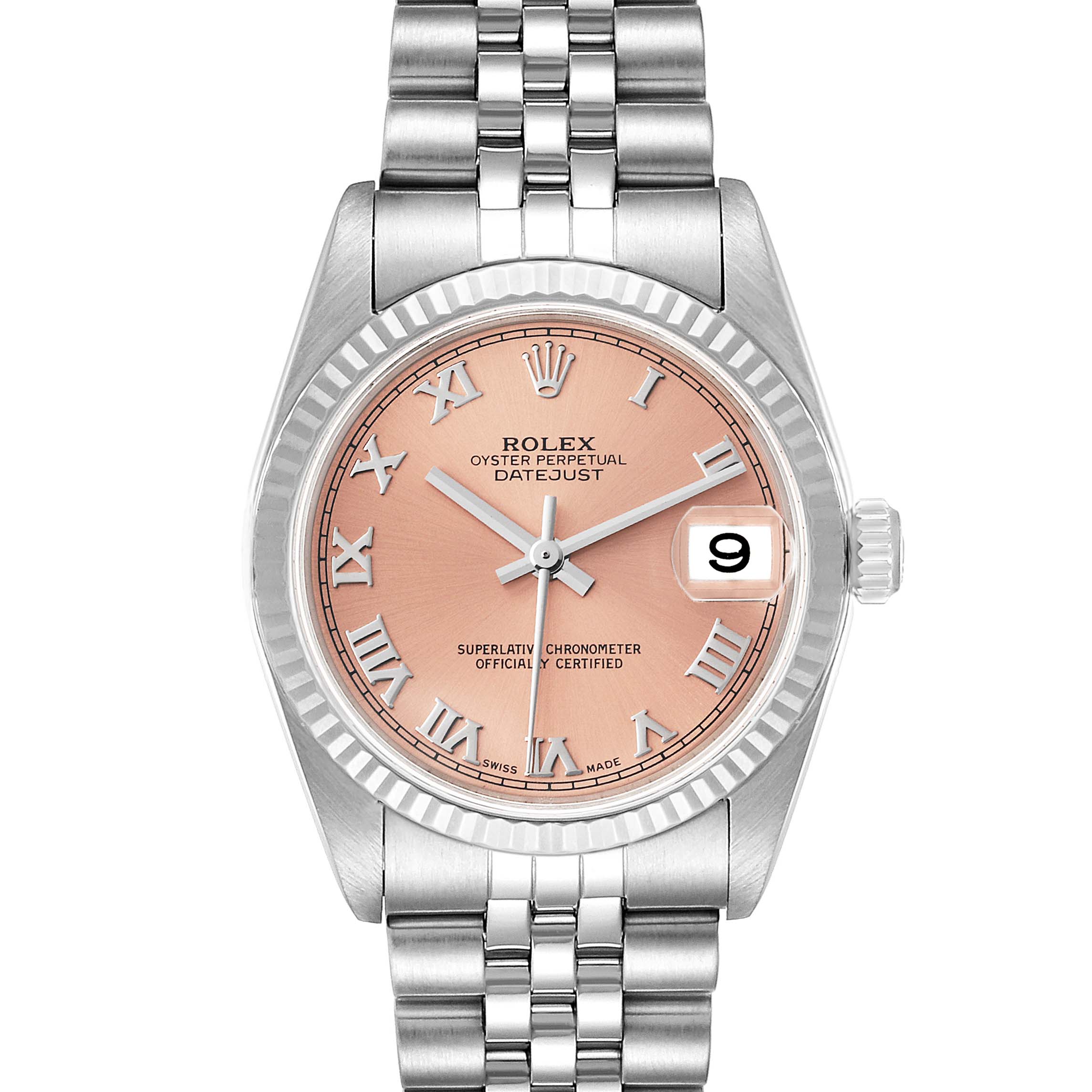 This image shows a front view of a Rolex Oyster Perpetual Datejust Mid-Size watch, highlighting its pink dial and jubilee bracelet.