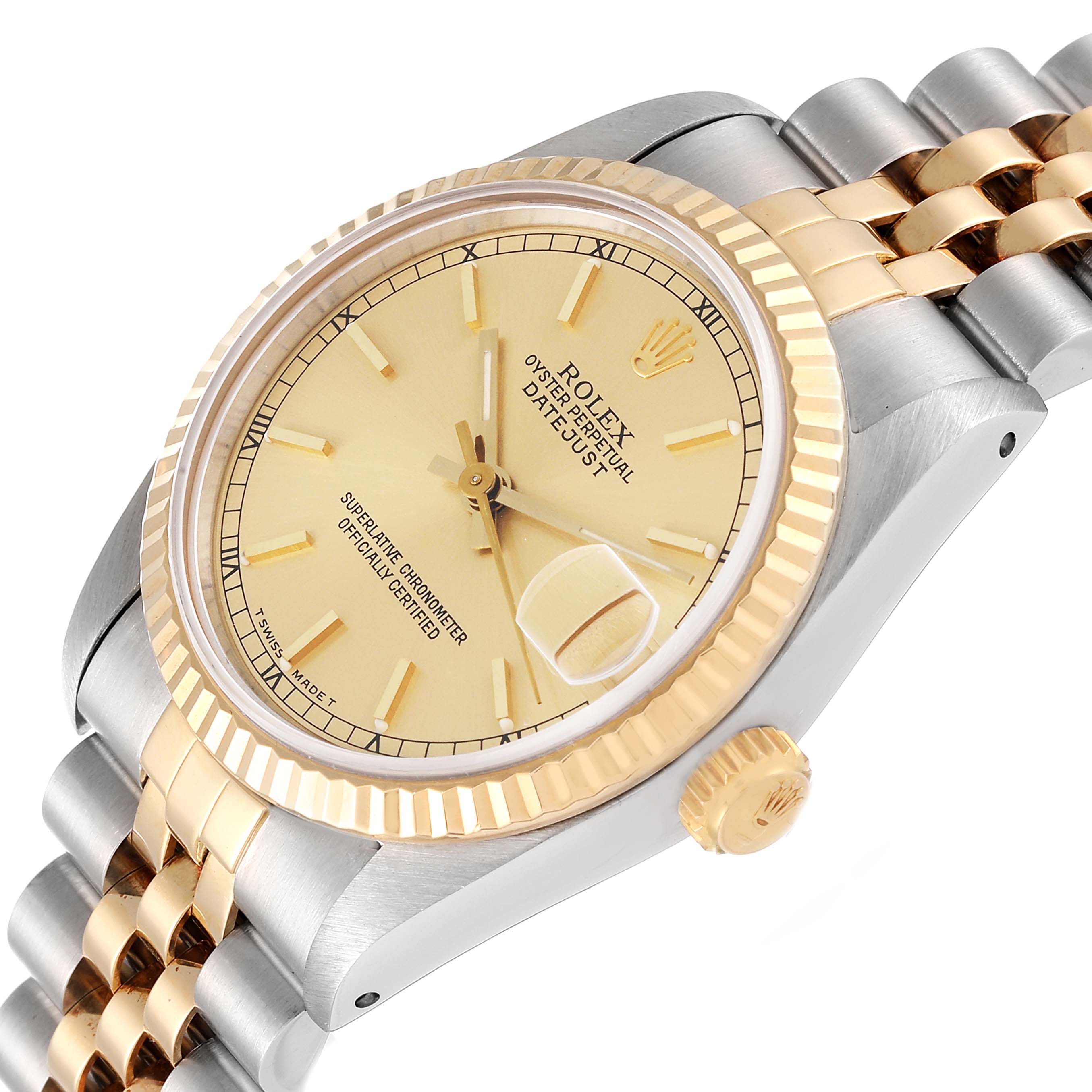 The image shows a Rolex Mid-Size 68273 Women
s Steel and Gold (two tone) Champagne Dial 68273 Women
s Steel and Gold (two tone) Champagne Dial Datejust in a 3/4 angle view, highlighting the dial, bezel, and bracelet.