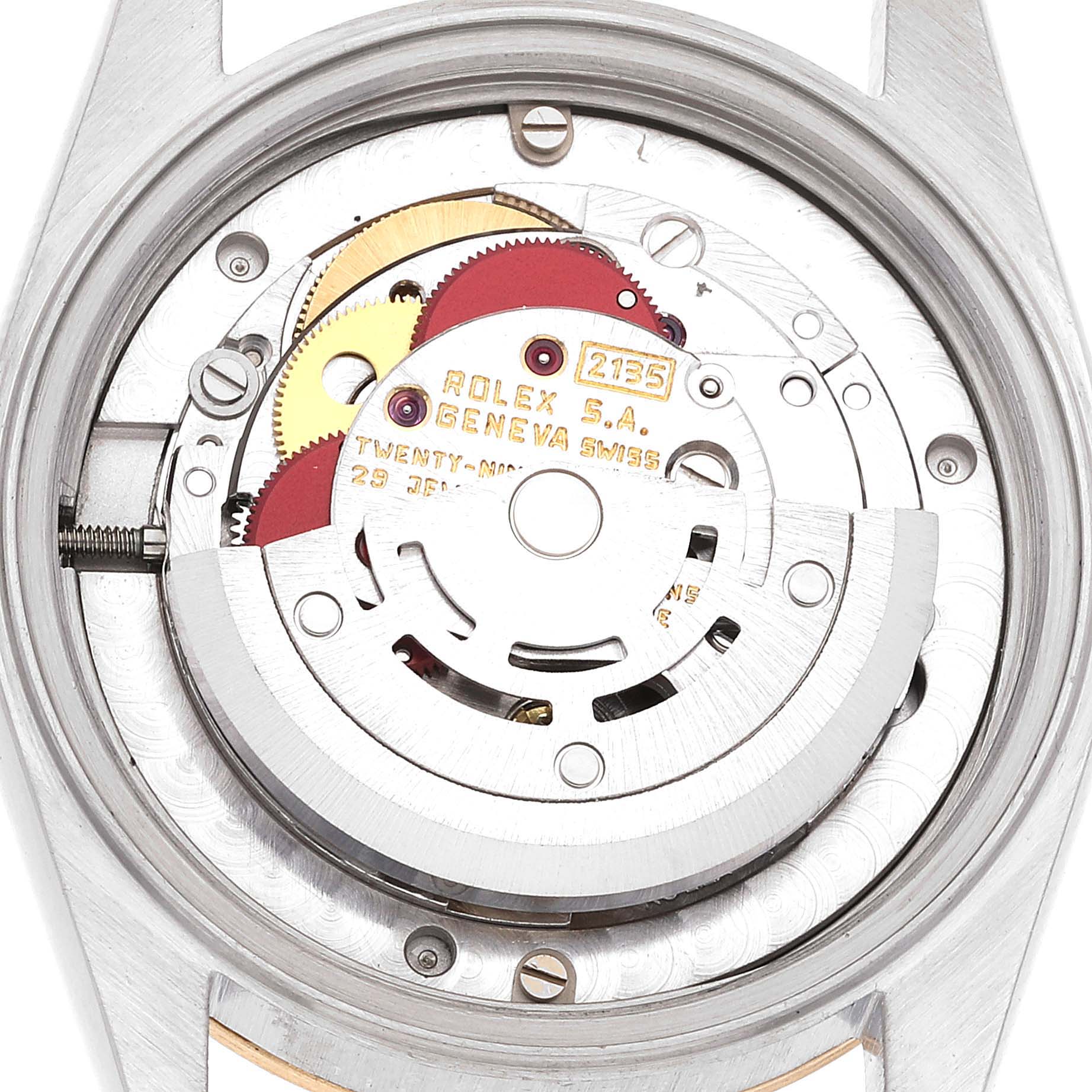 The image shows a top-down view of the movement mechanism of a Rolex Mid-Size 68273 Women
s Steel and Gold (two tone) Champagne Dial 68273 Women
s Steel and Gold (two tone) Champagne Dial model watch.