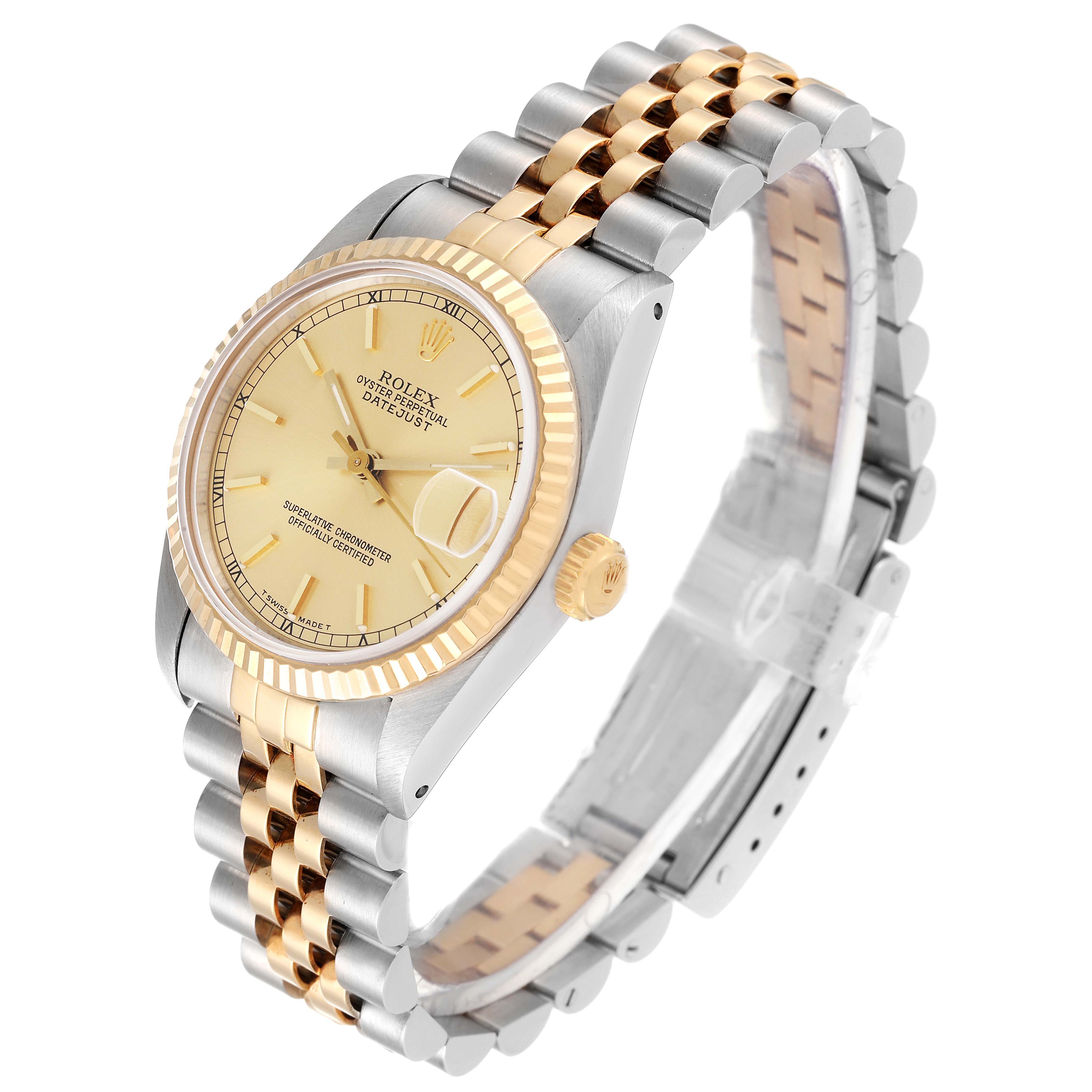 The image shows a side-angle view of the Rolex Mid-Size 68273 Women
s Steel and Gold (two tone) Champagne Dial 68273 Women
s Steel and Gold (two tone) Champagne Dial watch, highlighting its two-tone bracelet, dial, and fluted bezel.