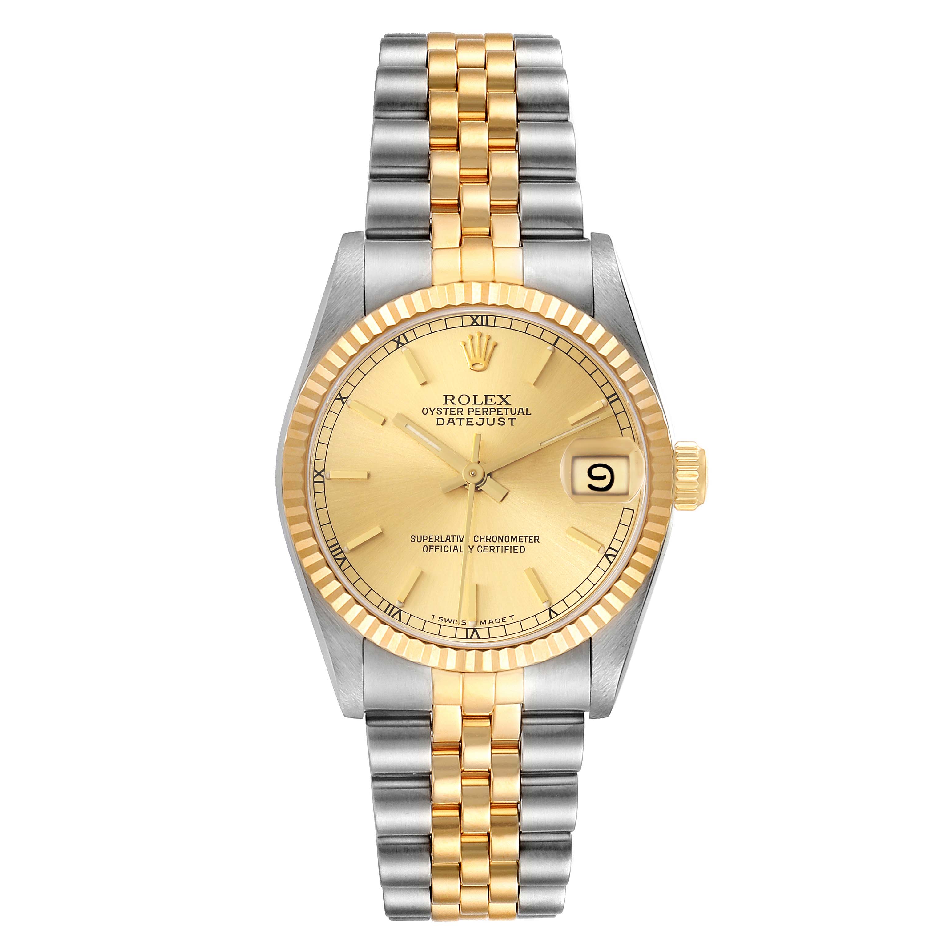 The image shows a front view of a Rolex Mid-Size 68273 Women
s Steel and Gold (two tone) Champagne Dial 68273 Women
s Steel and Gold (two tone) Champagne Dial Oyster Perpetual Datejust watch displaying its dial, bezel, and bracelet.