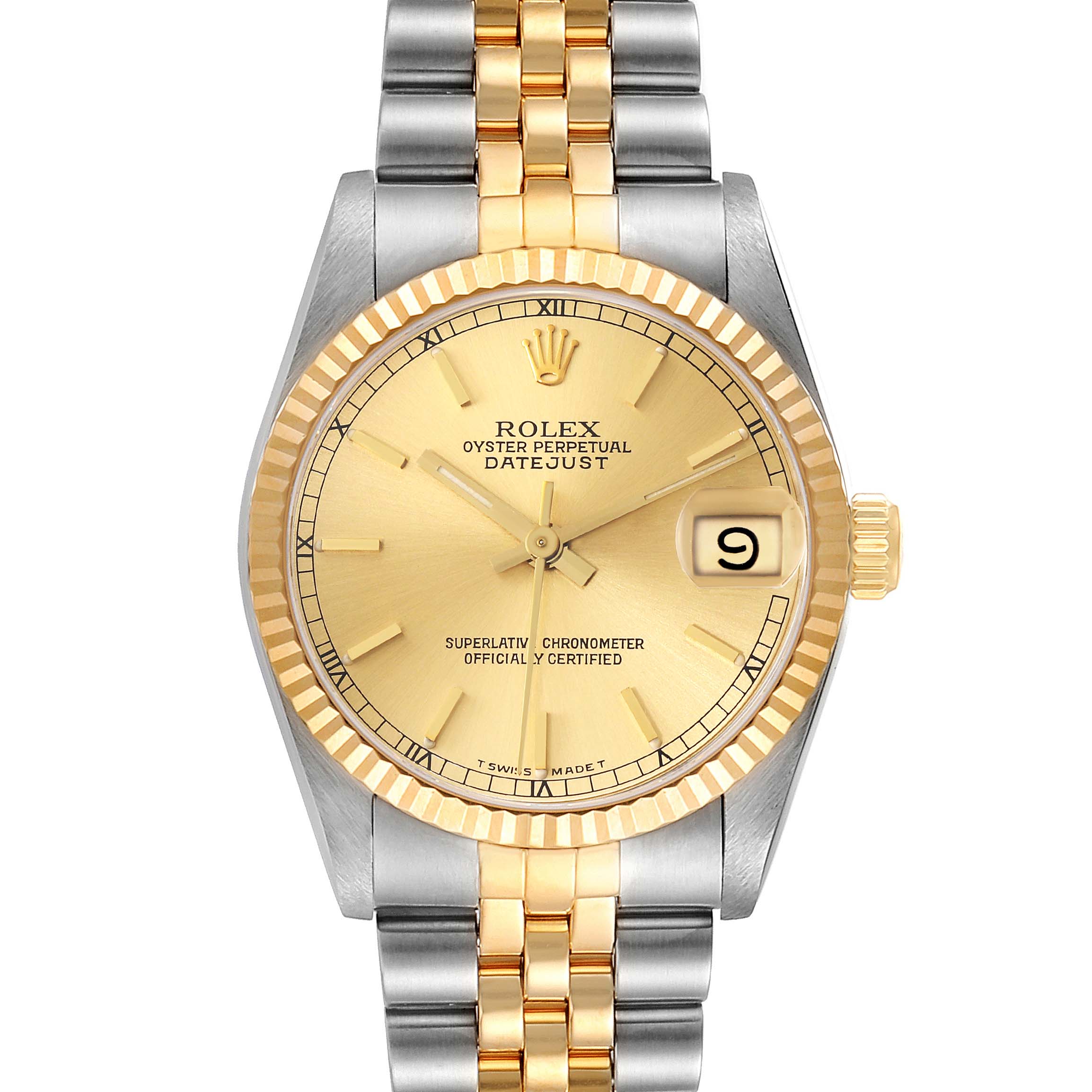 This image shows the front view of a Rolex Mid-Size 68273 Women
s Steel and Gold (two tone) Champagne Dial 68273 Women
s Steel and Gold (two tone) Champagne Dial Oyster Perpetual Datejust with a champagne dial and two-tone bracelet.