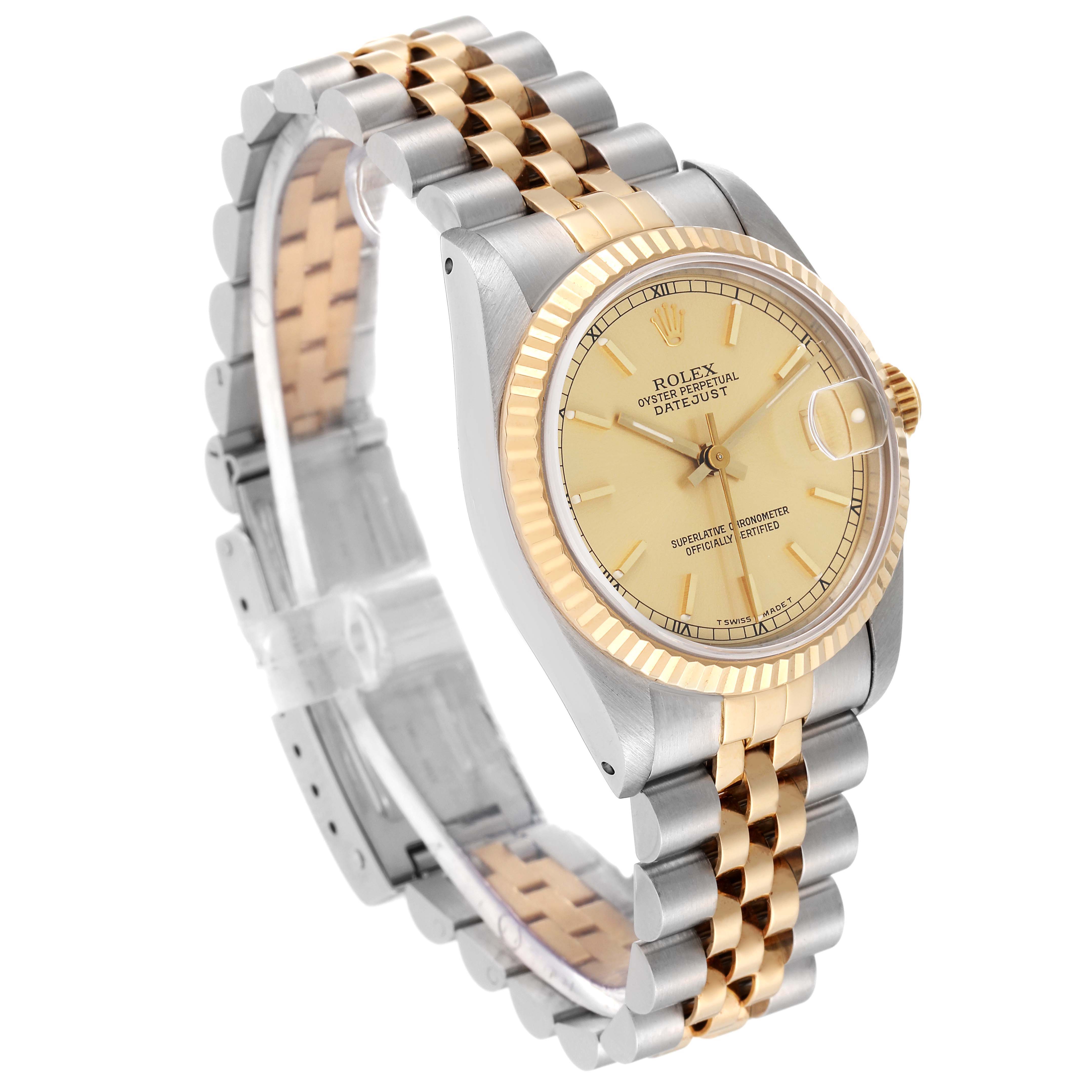 This image shows a Rolex Mid-Size 68273 Women
s Steel and Gold (two tone) Champagne Dial 68273 Women
s Steel and Gold (two tone) Champagne Dial model watch at a diagonal front angle, highlighting its face, bracelet, and bezel.
