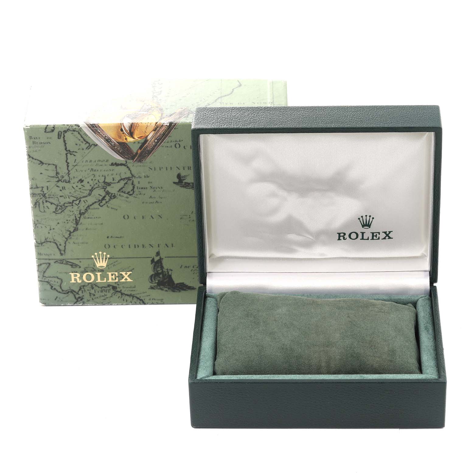The image shows an open Rolex watch box with the lid displaying the brand logo, alongside its green outer packaging with a map design.