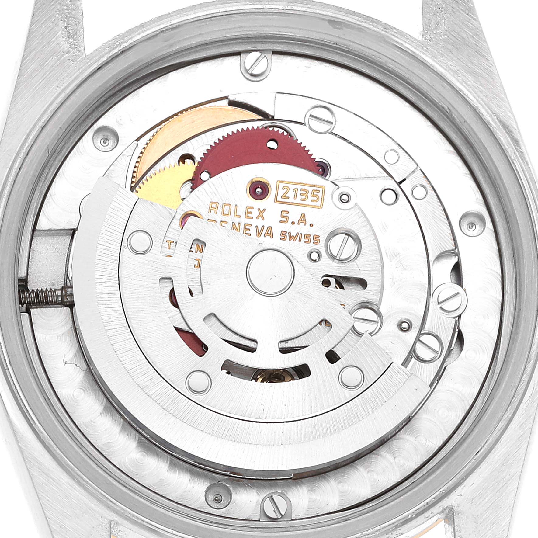 This image shows the internal mechanism of a Mid-Size Rolex watch, viewed from the back with the caseback removed.