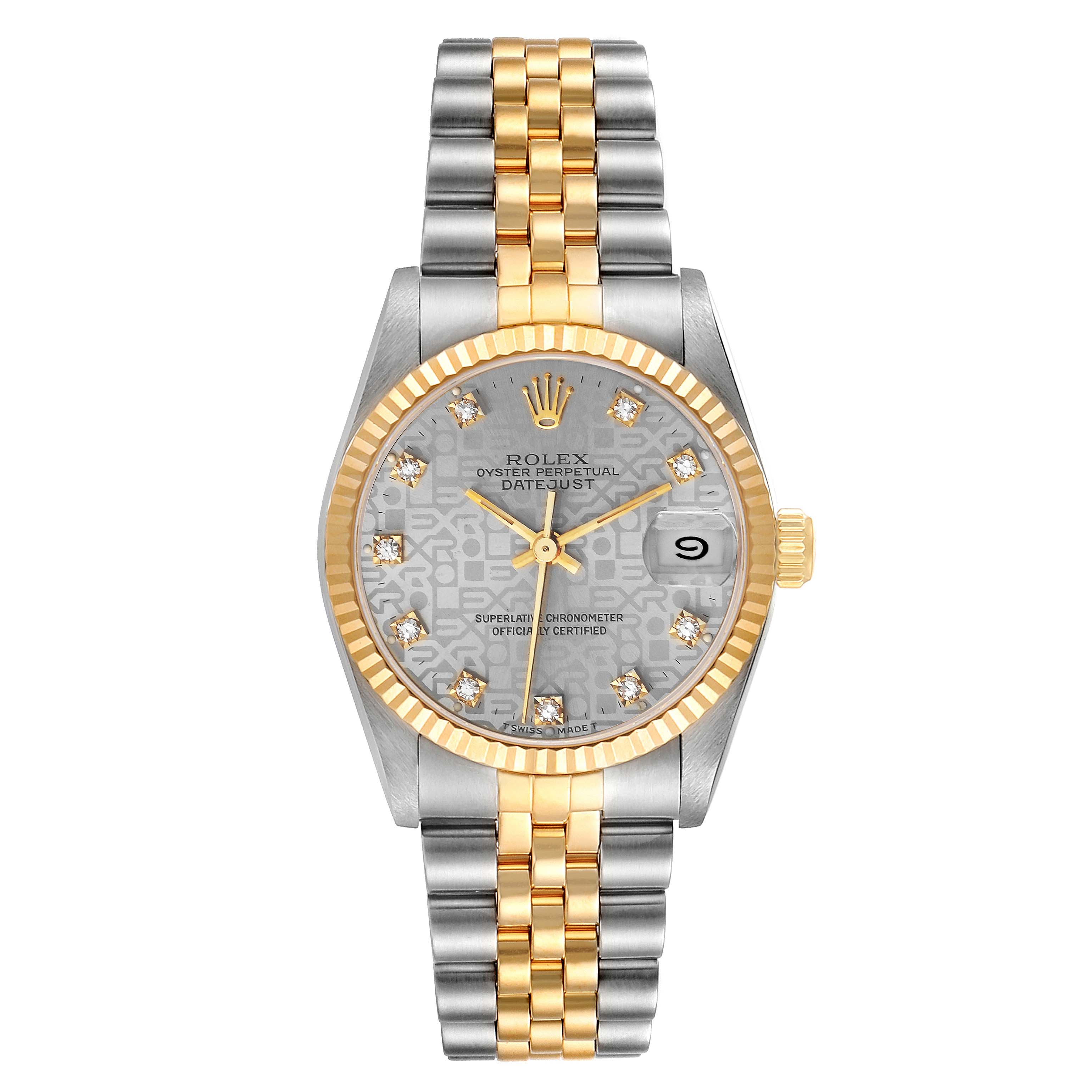 This Mid-Size Rolex watch is shown from a front angle, detailing its face, hands, bezel, and two-tone bracelet.