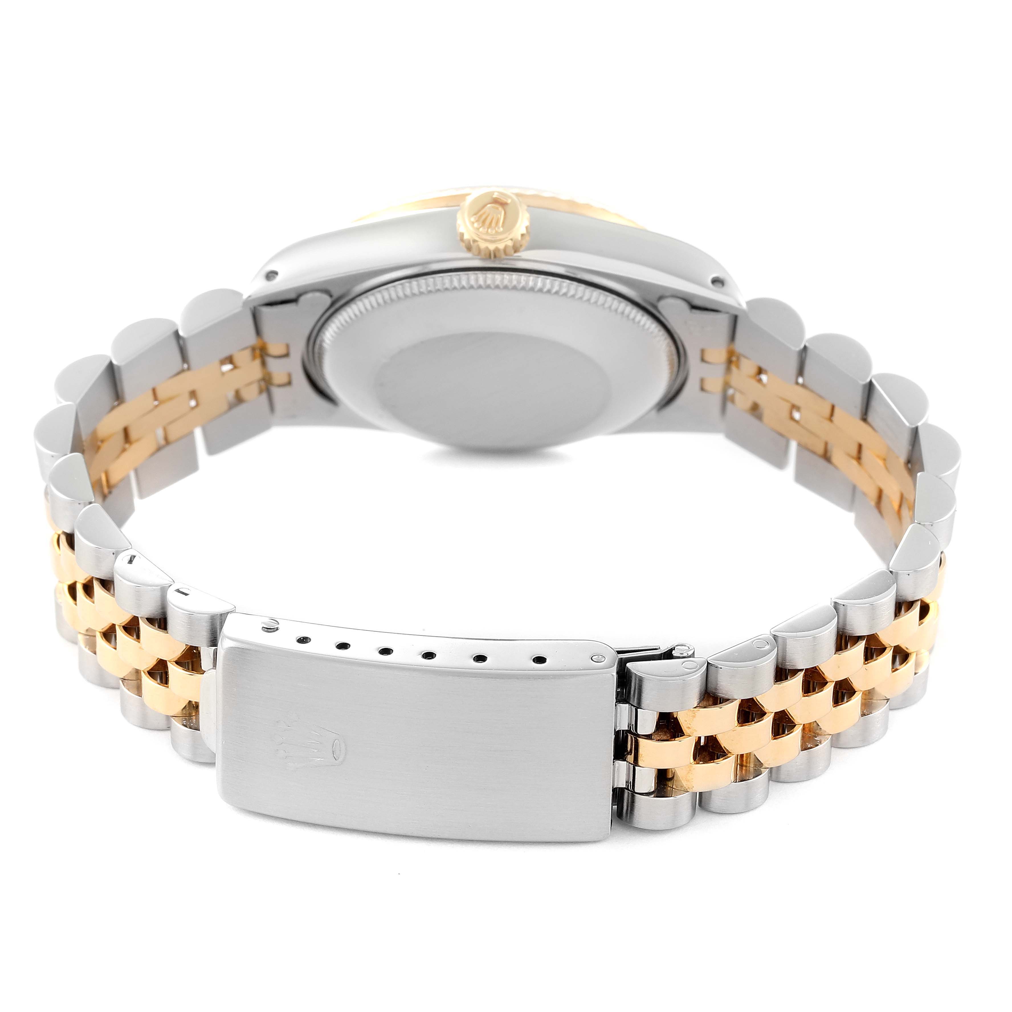 The image shows the back of the Rolex Mid-Size 68273 Women's Steel and Gold (two tone) Silver Dial 68273 Women's Steel and Gold (two tone) Silver Dial model watch, highlighting its two-tone bracelet and clasp.