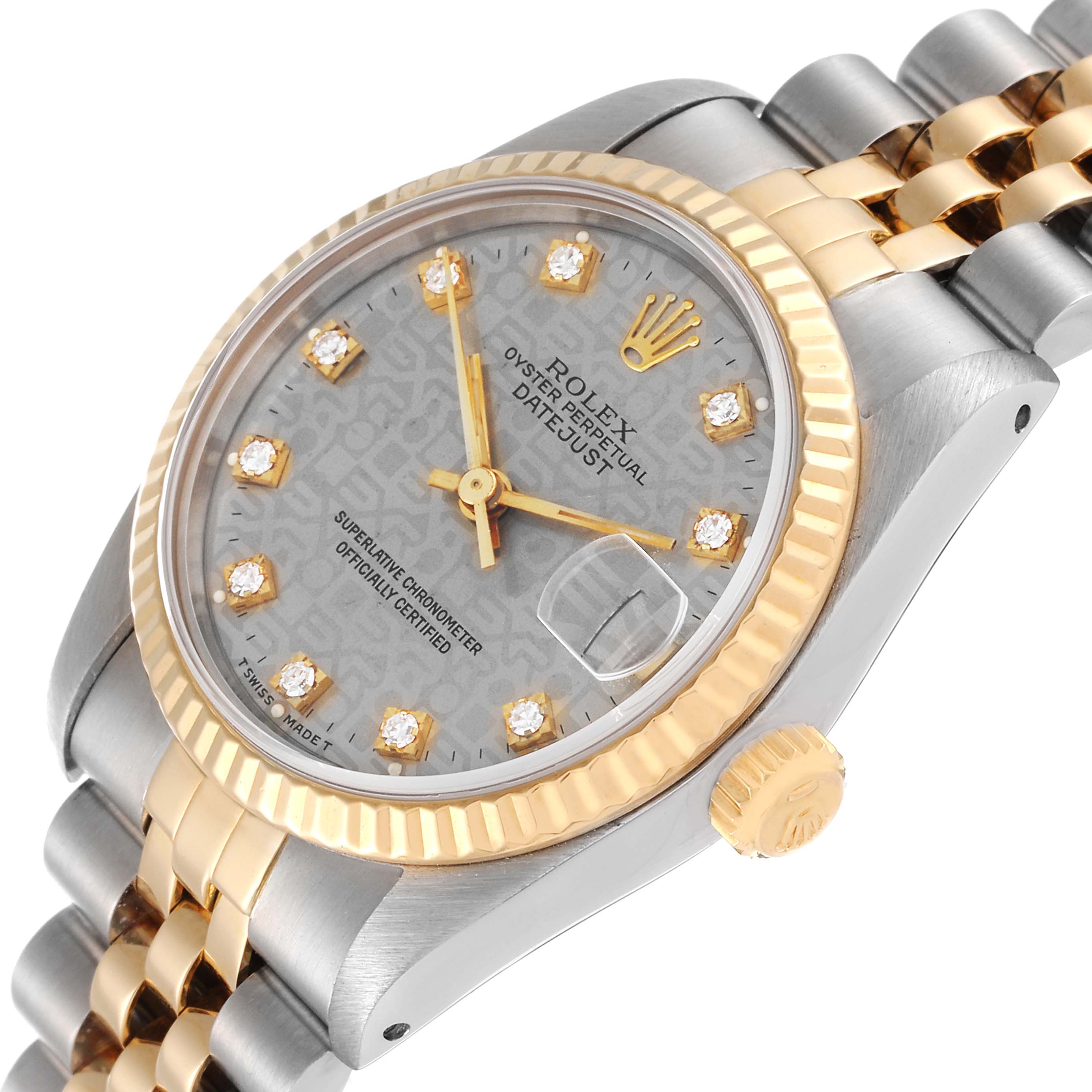 The image shows a close-up, angled view of the Rolex Mid-Size 68273 Women's Steel and Gold (two tone) Silver Dial 68273 Women's Steel and Gold (two tone) Silver Dial Datejust, highlighting the dial, bezel, and part of the bracelet.