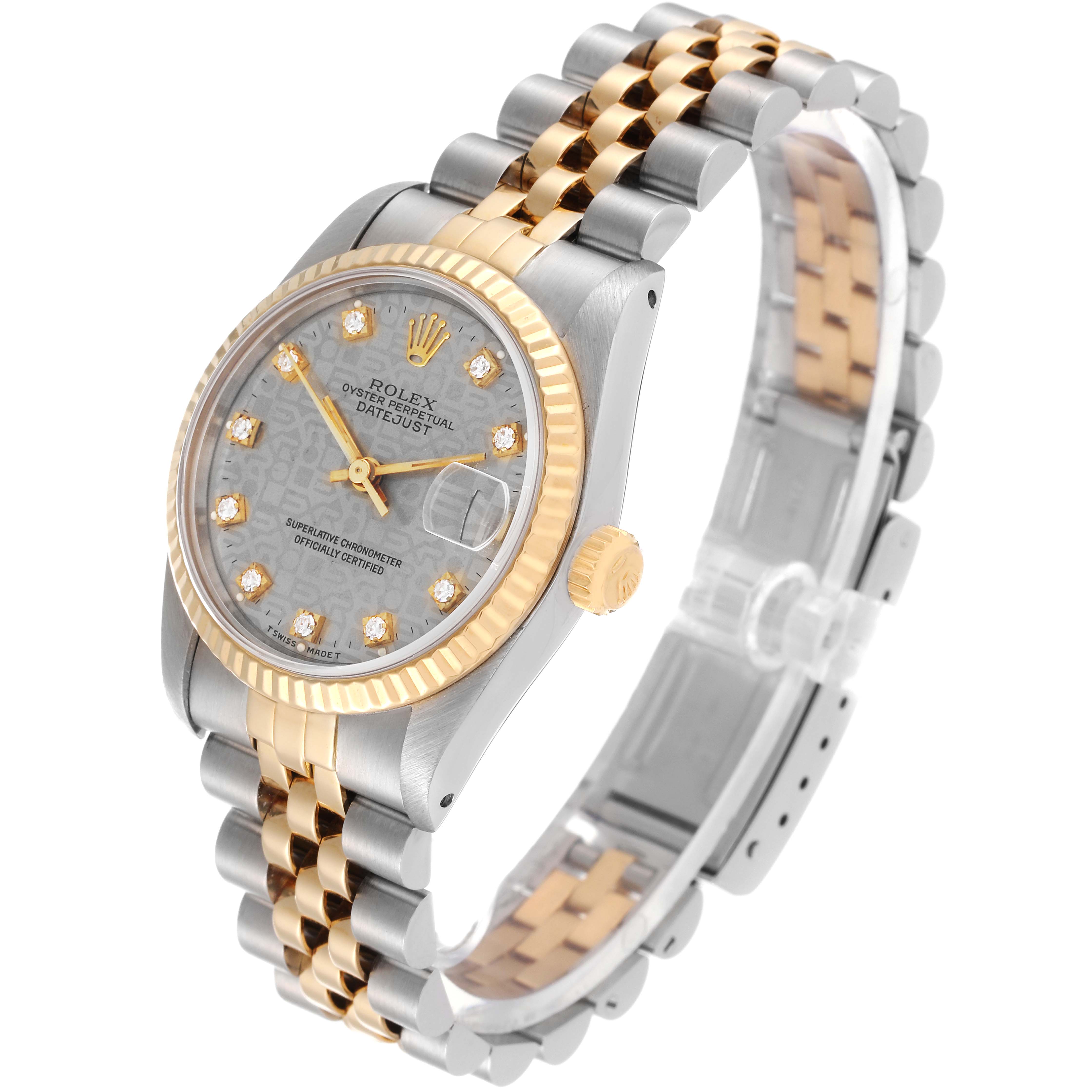 The Rolex Mid-Size 68273 Women's Steel and Gold (two tone) Silver Dial 68273 Women's Steel and Gold (two tone) Silver Dial model watch is shown at an oblique angle, highlighting the face, bezel, and part of the band.