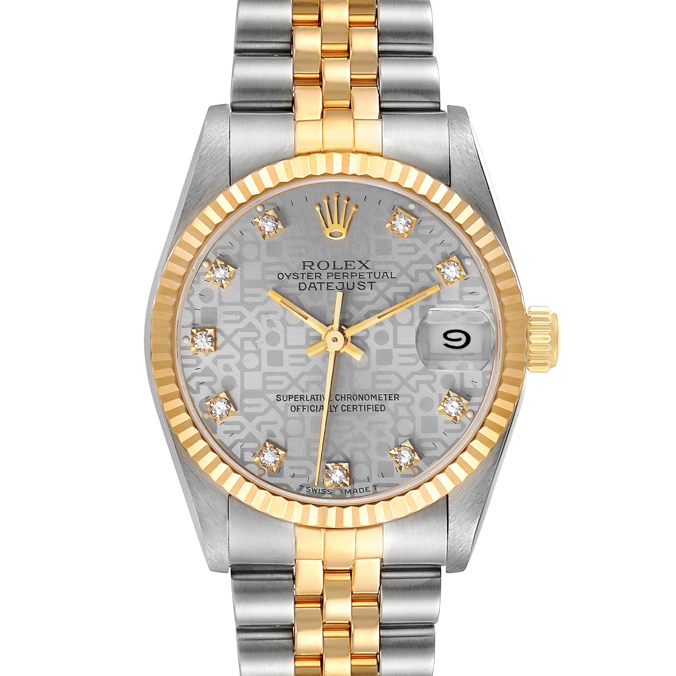 The image shows a front view of a Rolex Mid-Size 68273 Women's Steel and Gold (two tone) Silver Dial 68273 Women's Steel and Gold (two tone) Silver Dial Datejust watch, featuring a gold and silver bracelet and a diamond-accented dial.
