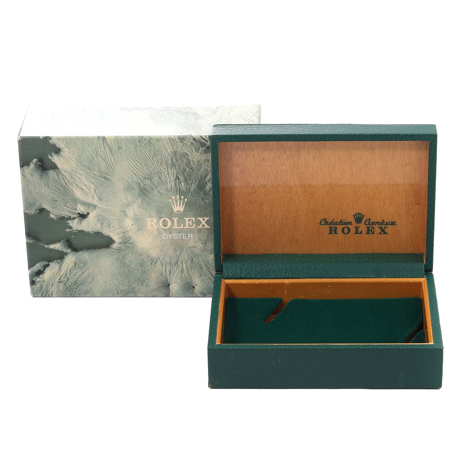 This image shows an open Rolex Oyster box, showcasing both the exterior and interior, for a Mid-Size Rolex model.