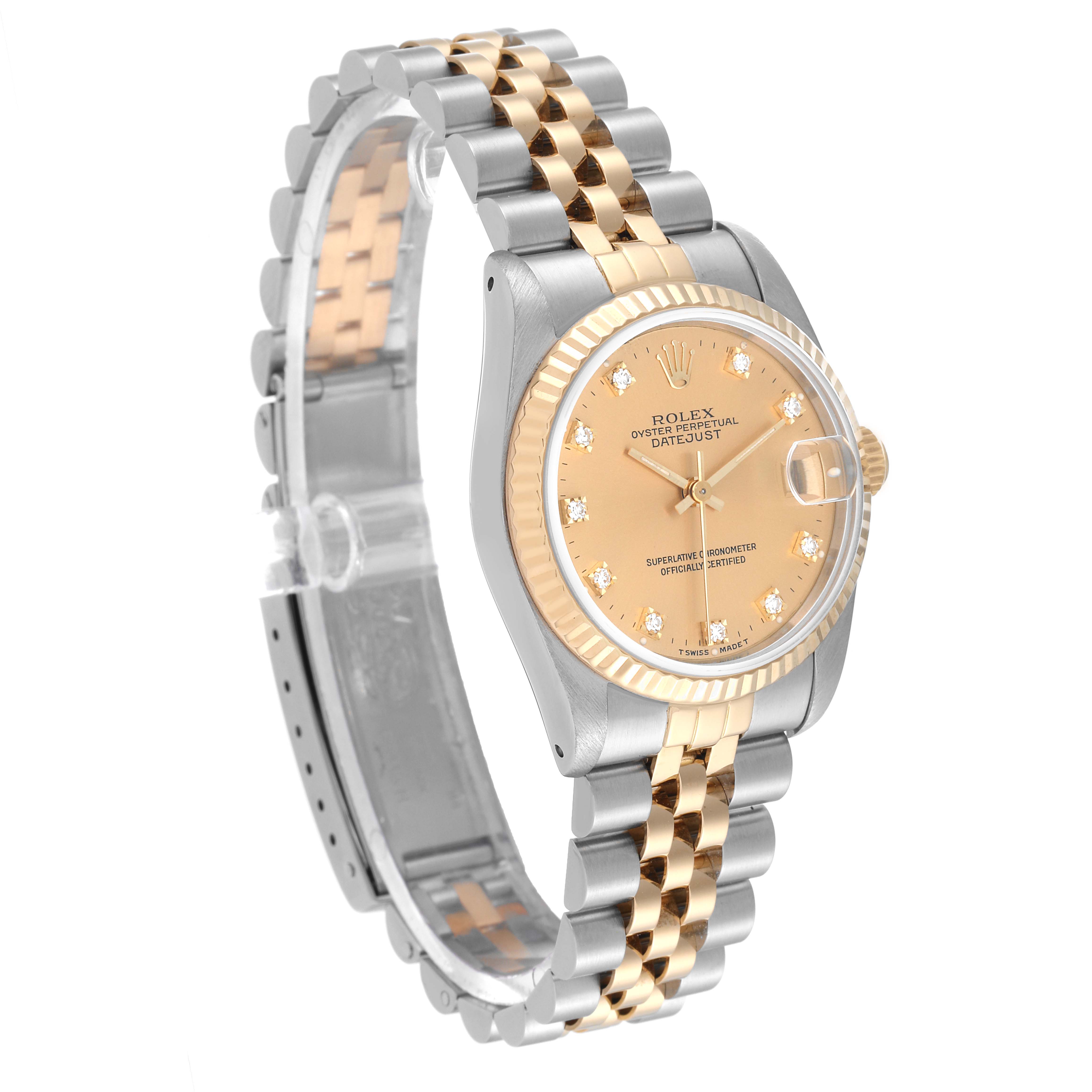The image shows a Rolex Mid-Size 68273 Women
s Steel and Gold (two tone) Champagne Dial 68273 Women
s Steel and Gold (two tone) Champagne Dial Datejust watch at a left-side angle highlighting the face, bezel, and two-tone bracelet.