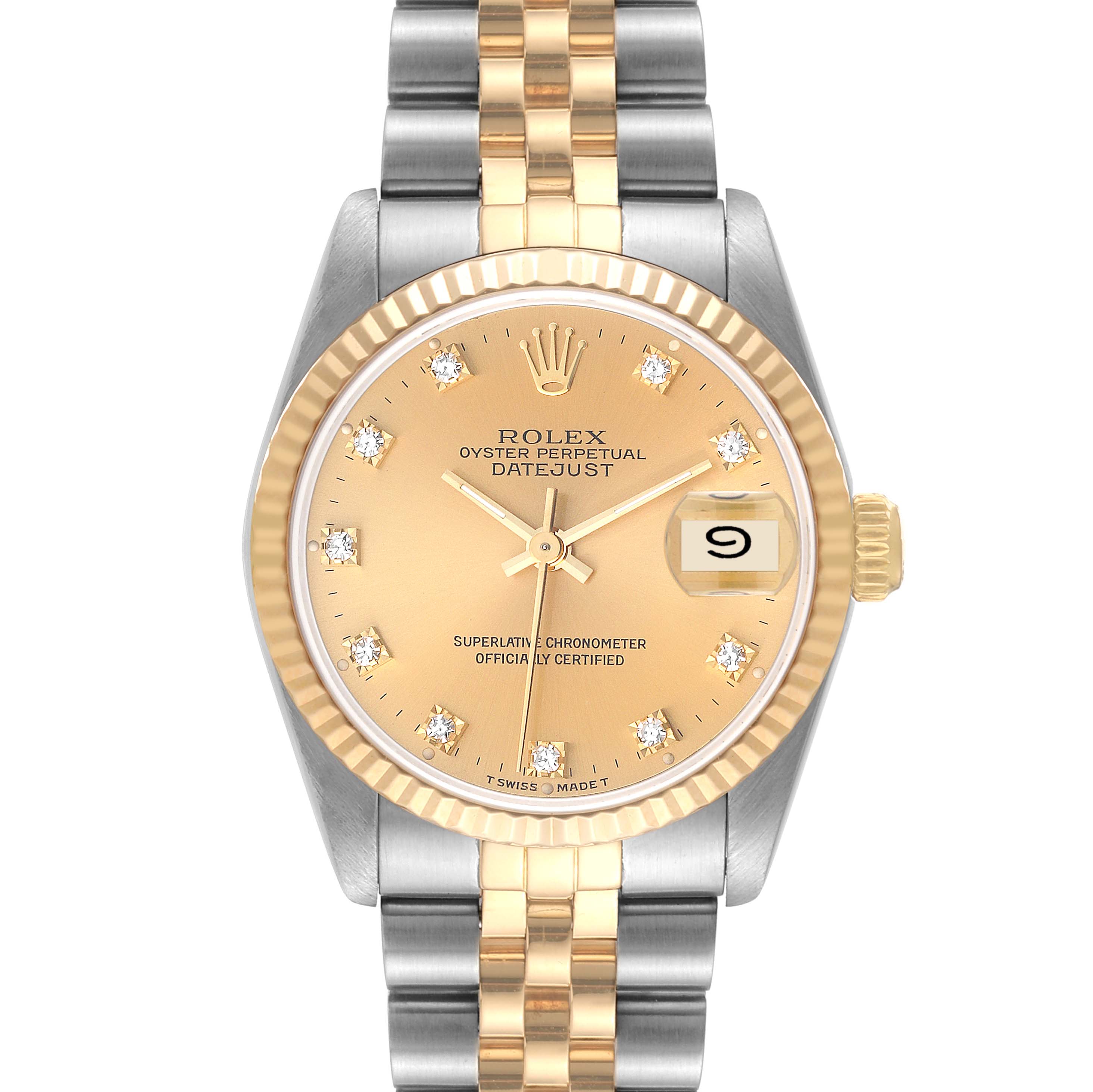 The Rolex Oyster Perpetual Datejust Mid-Size watch is shown from a front angle, displaying the dial, bezel, and bracelet.