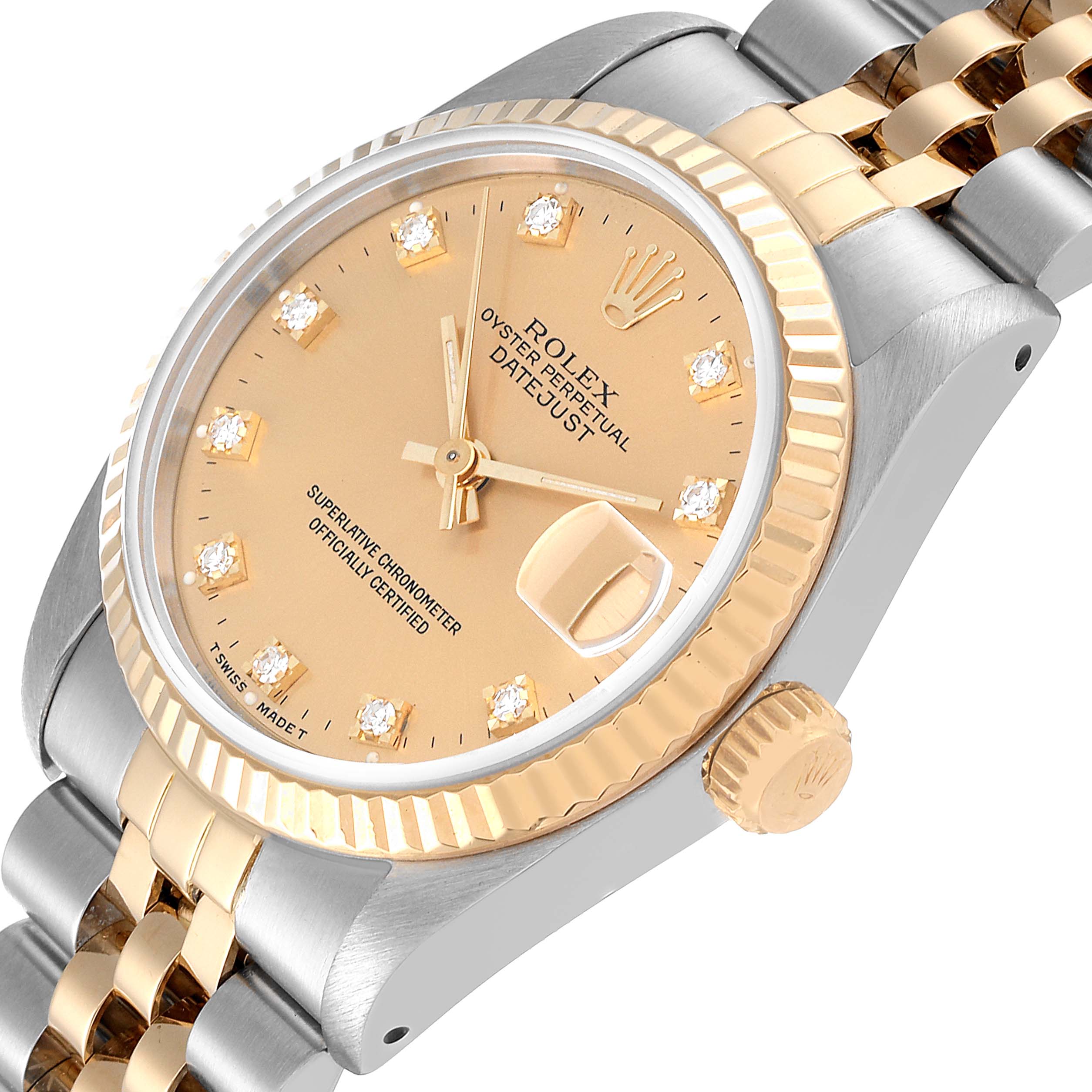 The Rolex Mid-Size 68273 Women
s Steel and Gold (two tone) Champagne Dial 68273 Women
s Steel and Gold (two tone) Champagne Dial watch is shown at a slight angle, displaying its face, bezel, crown, and part of the bracelet.