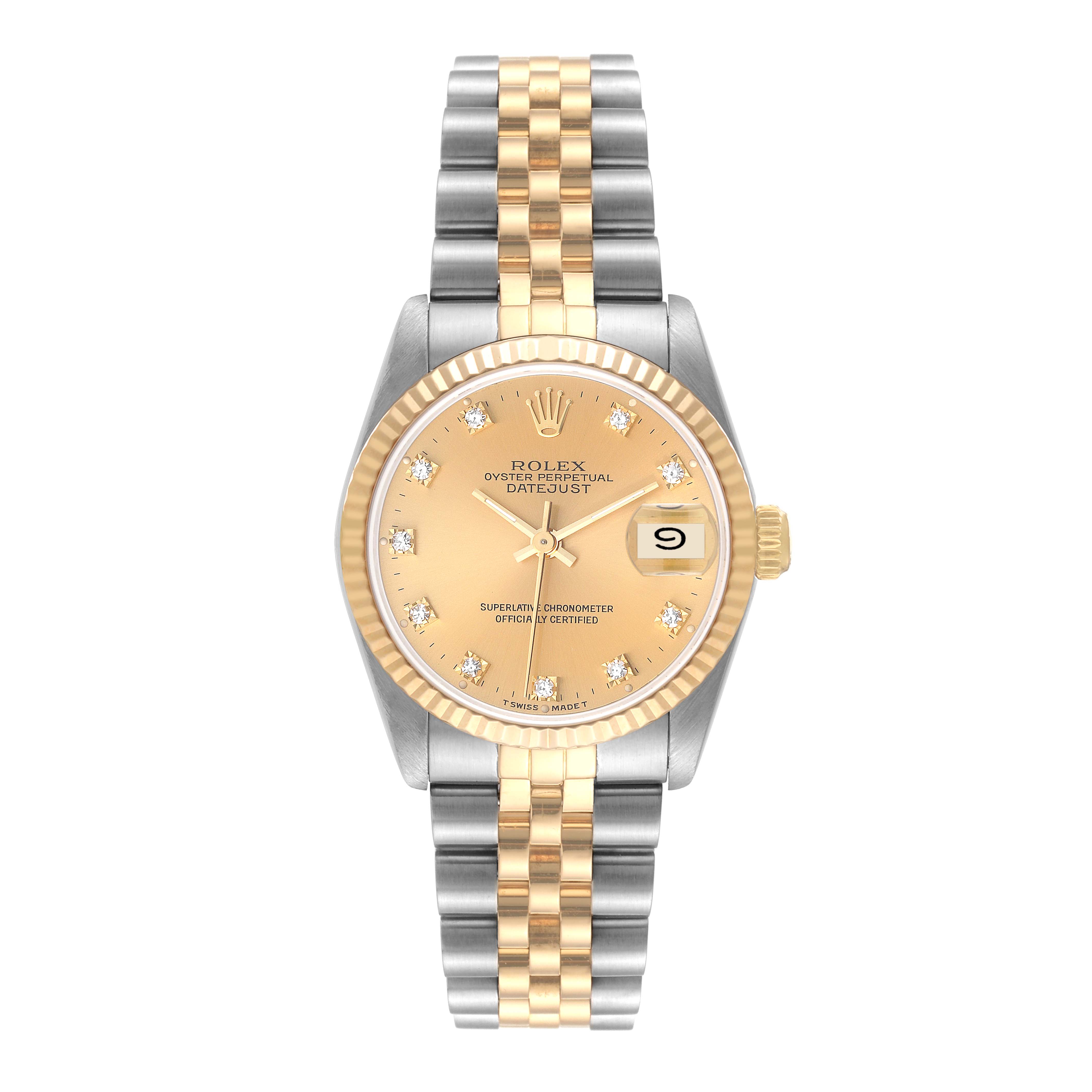 This image shows a frontal view of a Rolex Mid-Size 68273 Women
s Steel and Gold (two tone) Champagne Dial 68273 Women
s Steel and Gold (two tone) Champagne Dial Datejust watch with a gold and stainless steel bracelet.