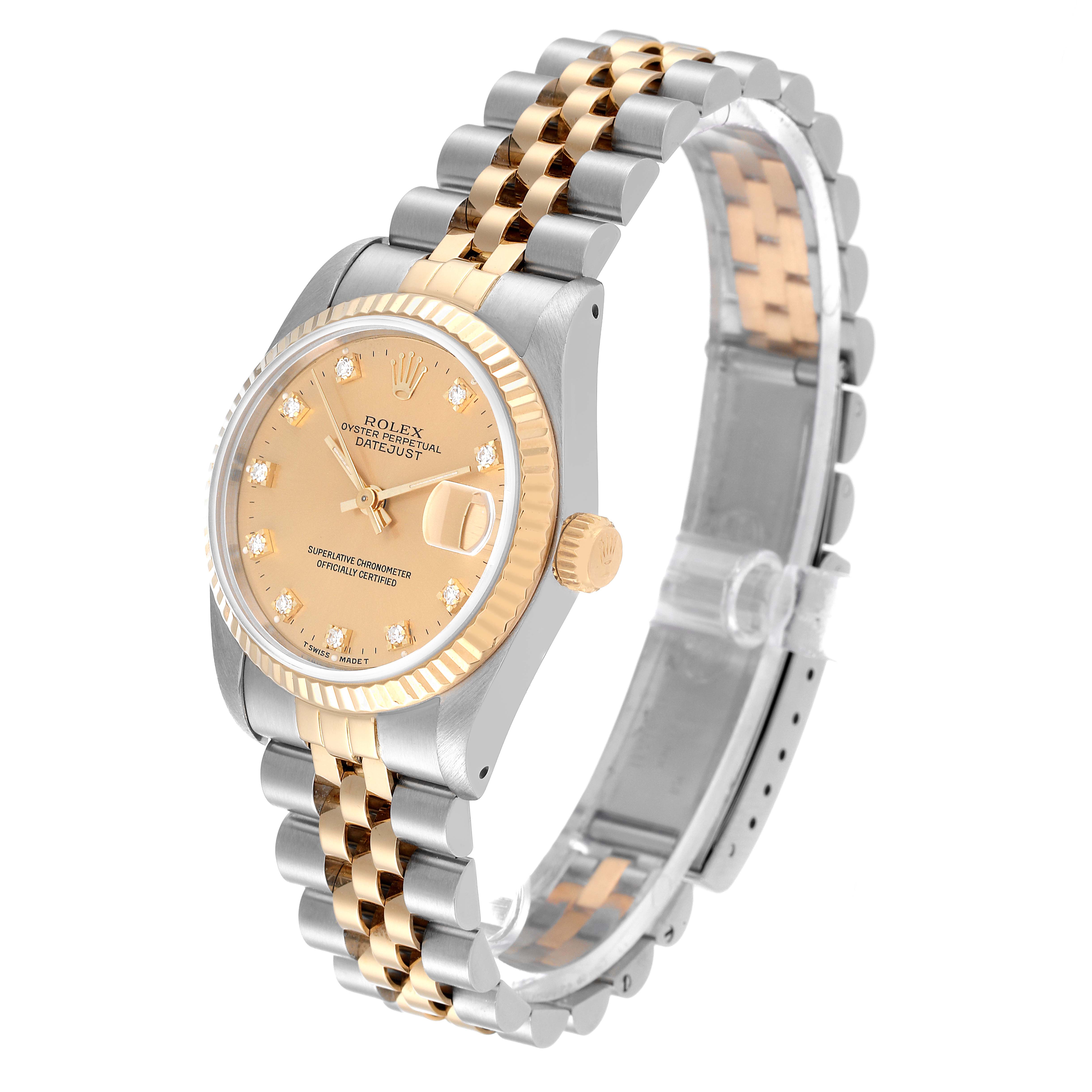 The image shows a side-angle view of a mid-size Rolex watch featuring a two-tone bracelet, fluted bezel, and champagne dial.