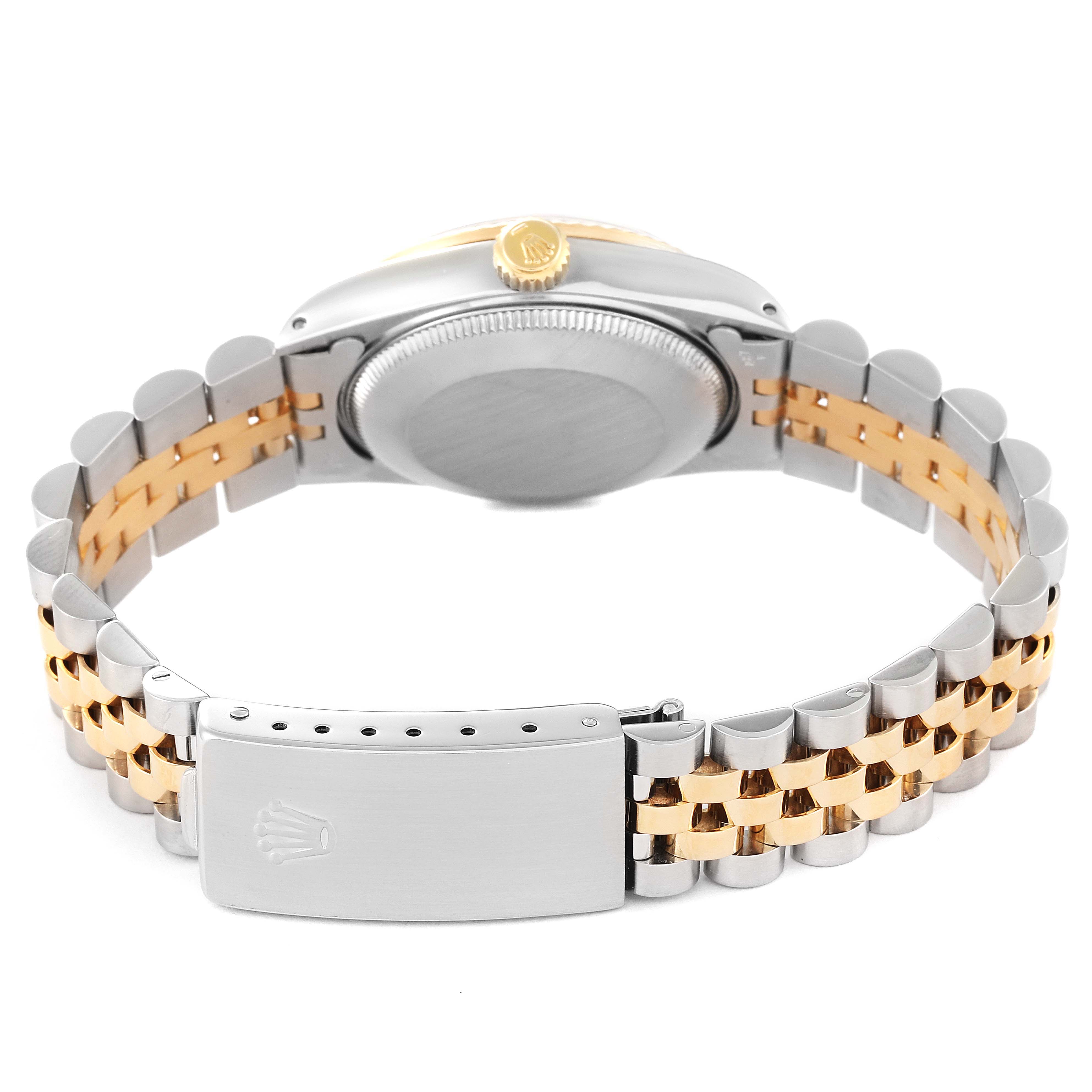 The image shows the back view of a Rolex Mid-Size 68273 Women's Steel and Gold (two tone) Blue Dial 68273 Women's Steel and Gold (two tone) Blue Dial watch, highlighting the clasp, bracelet, case back, and crown.