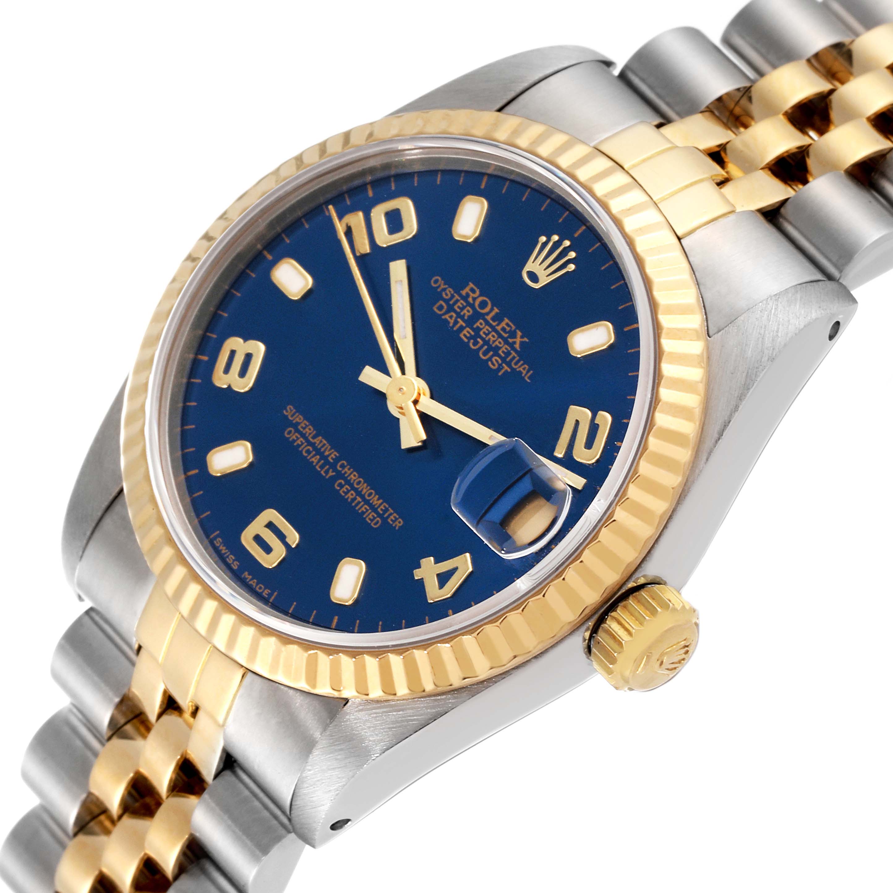 The image shows a mid-size Rolex Datejust watch at an angle, highlighting the blue dial, numerals, date window, bracelet, and crown.