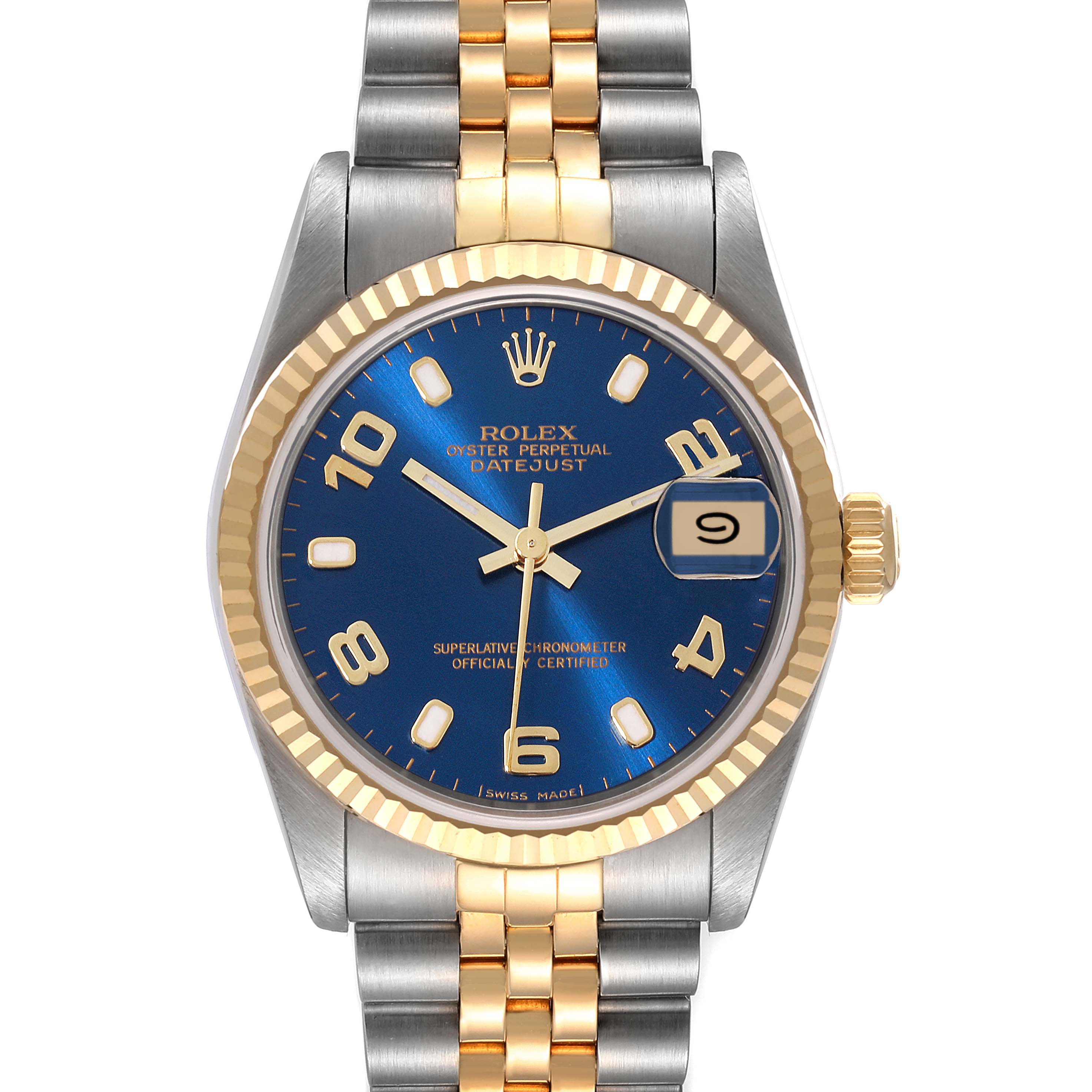 The image shows a front view of the Rolex Mid-Size 68273 Women's Steel and Gold (two tone) Blue Dial 68273 Women's Steel and Gold (two tone) Blue Dial Datejust, highlighting its blue dial, gold bezel, and two-tone bracelet.