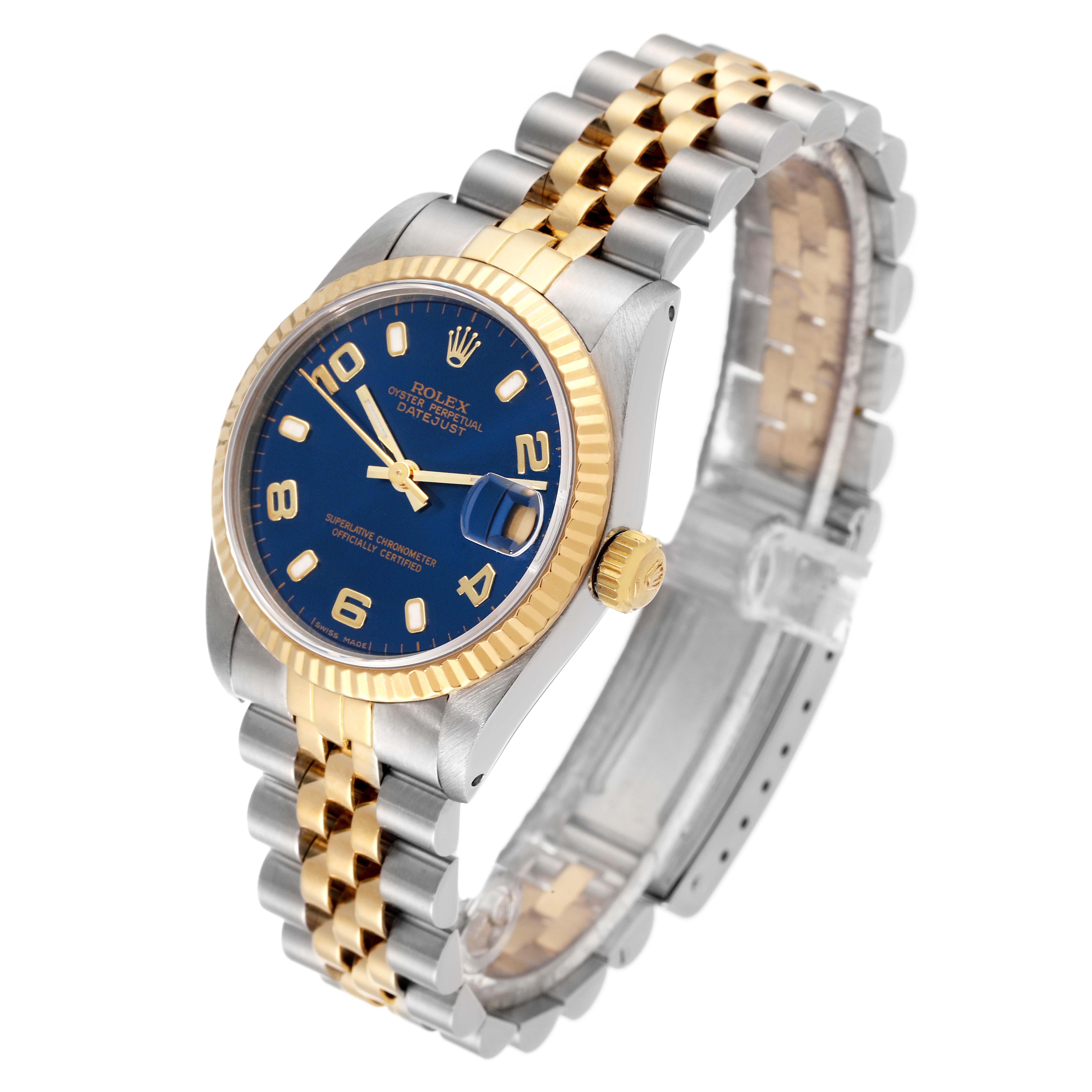 The image shows a mid-side Rolex Datejust watch at a 3/4 angle, displaying the face, bezel, and bracelet.
