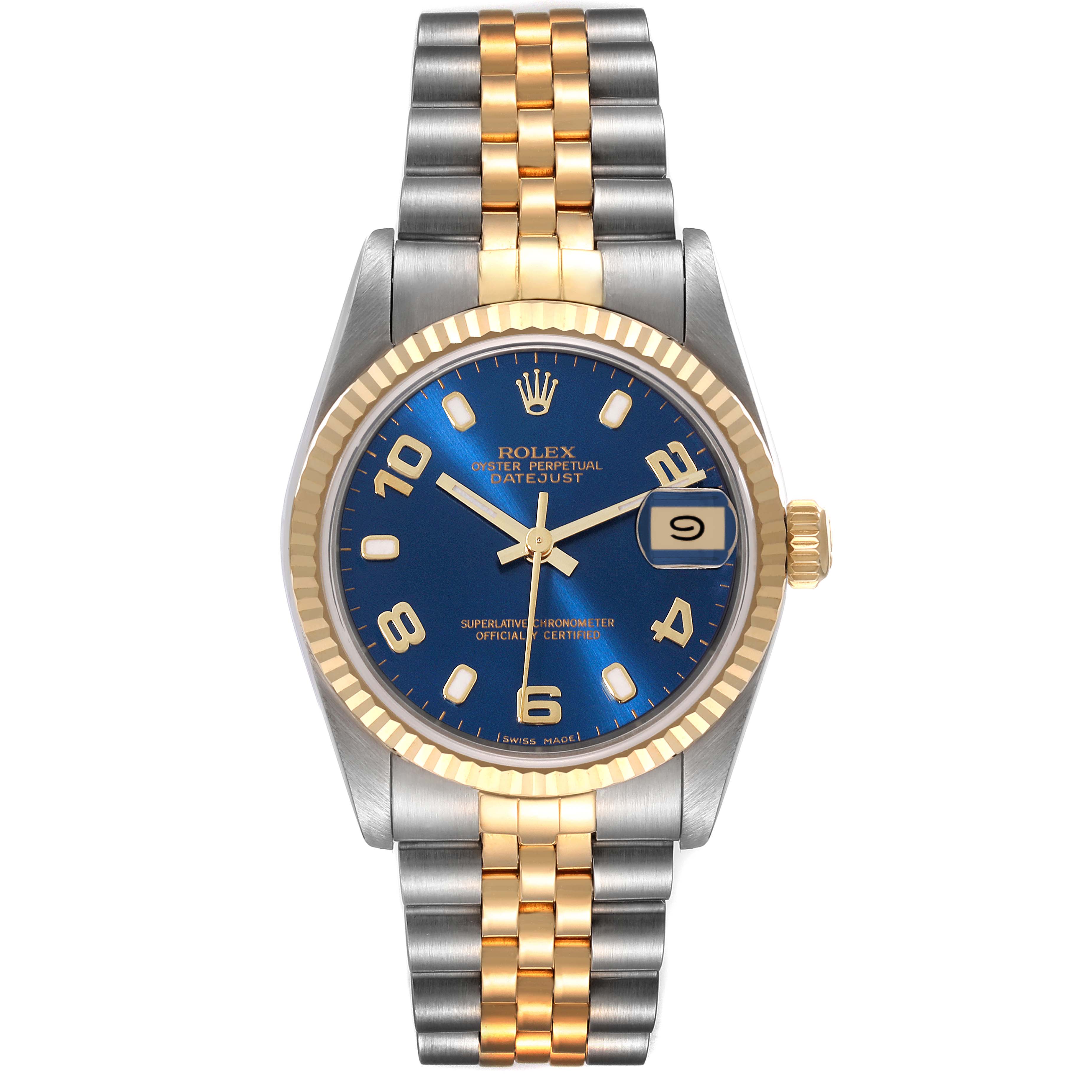 The image shows a front view of a Rolex Mid-Size 68273 Women's Steel and Gold (two tone) Blue Dial 68273 Women's Steel and Gold (two tone) Blue Dial Datejust watch, highlighting the blue dial, gold bezel, and two-tone bracelet.
