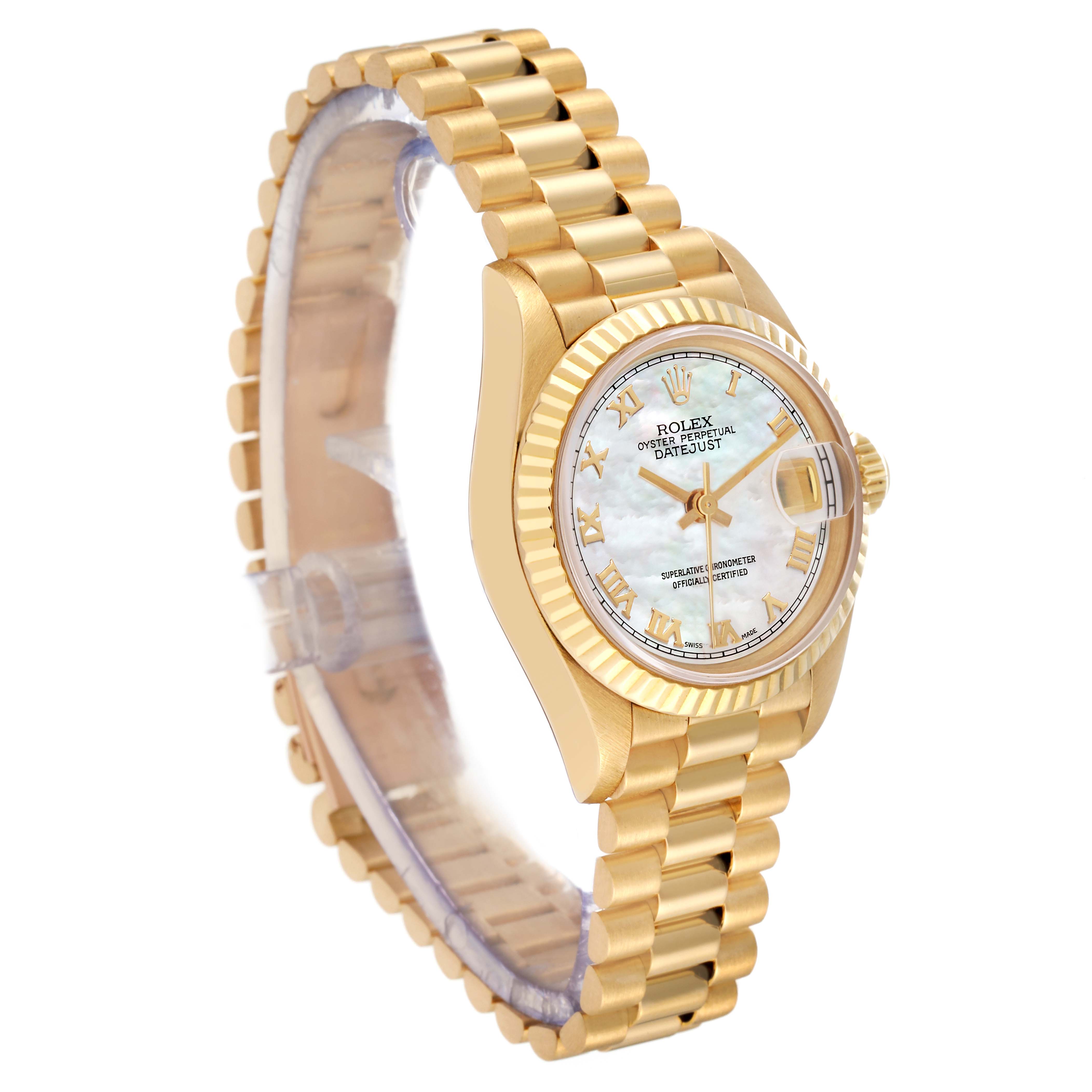 The image shows a side angle view of a Rolex President 69178 Women's Yellow Gold Mother of Pearl Dial 69178 Women's Yellow Gold Mother of Pearl Dial watch, displaying its gold bracelet and face with a date window.