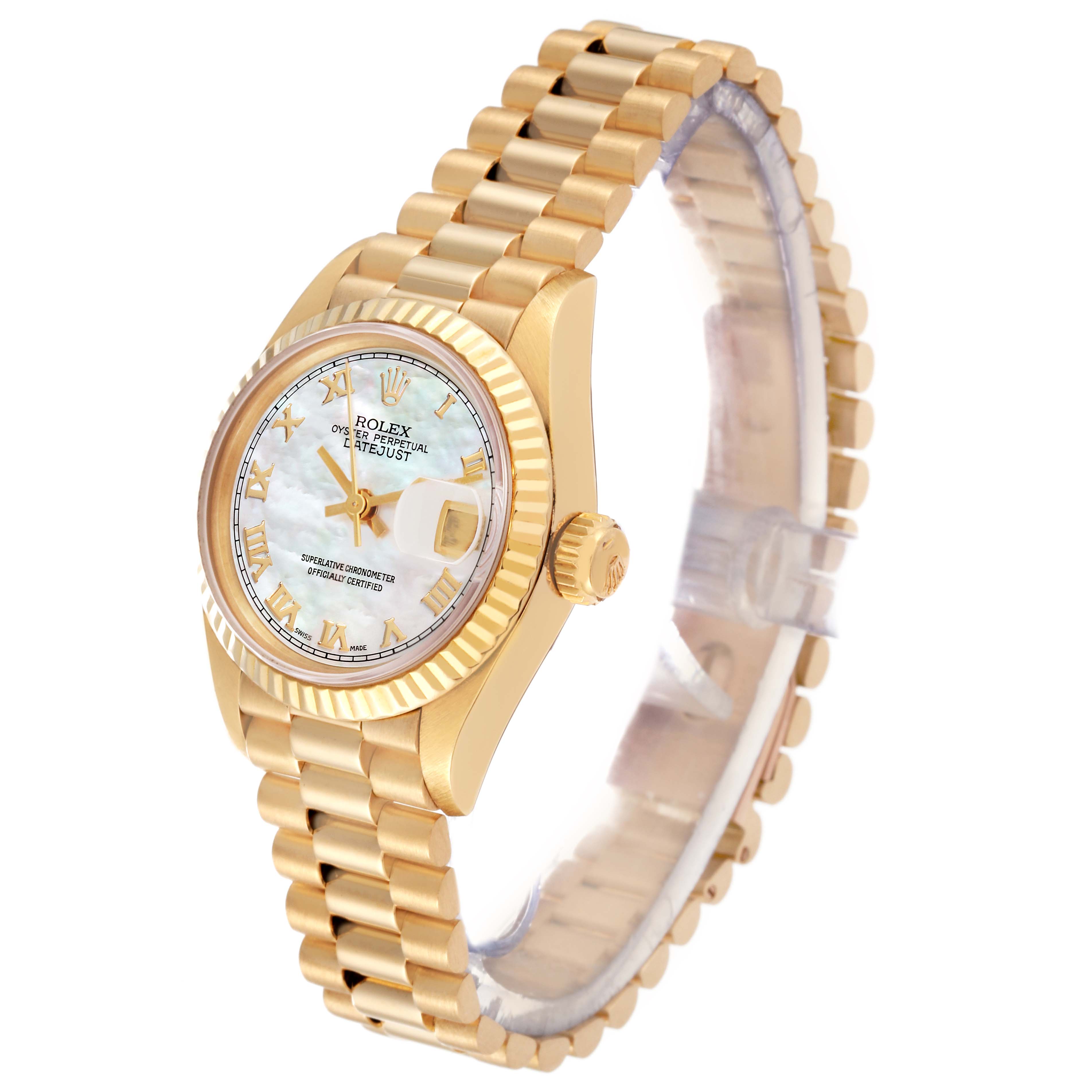 The image shows a Rolex President 69178 Women's Yellow Gold Mother of Pearl Dial 69178 Women's Yellow Gold Mother of Pearl Dial model watch at a three-quarter angle, highlighting its face, bezel, and band.