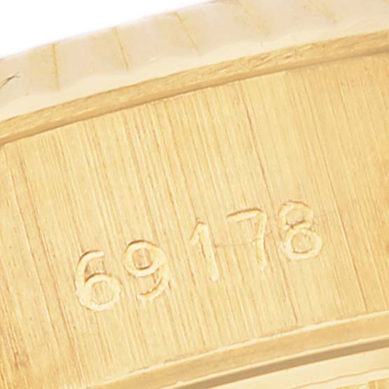 This close-up image shows the model number "69178" engraved on the gold case of a Rolex President 69178 Women's Yellow Gold Mother of Pearl Dial 69178 Women's Yellow Gold Mother of Pearl Dial watch.