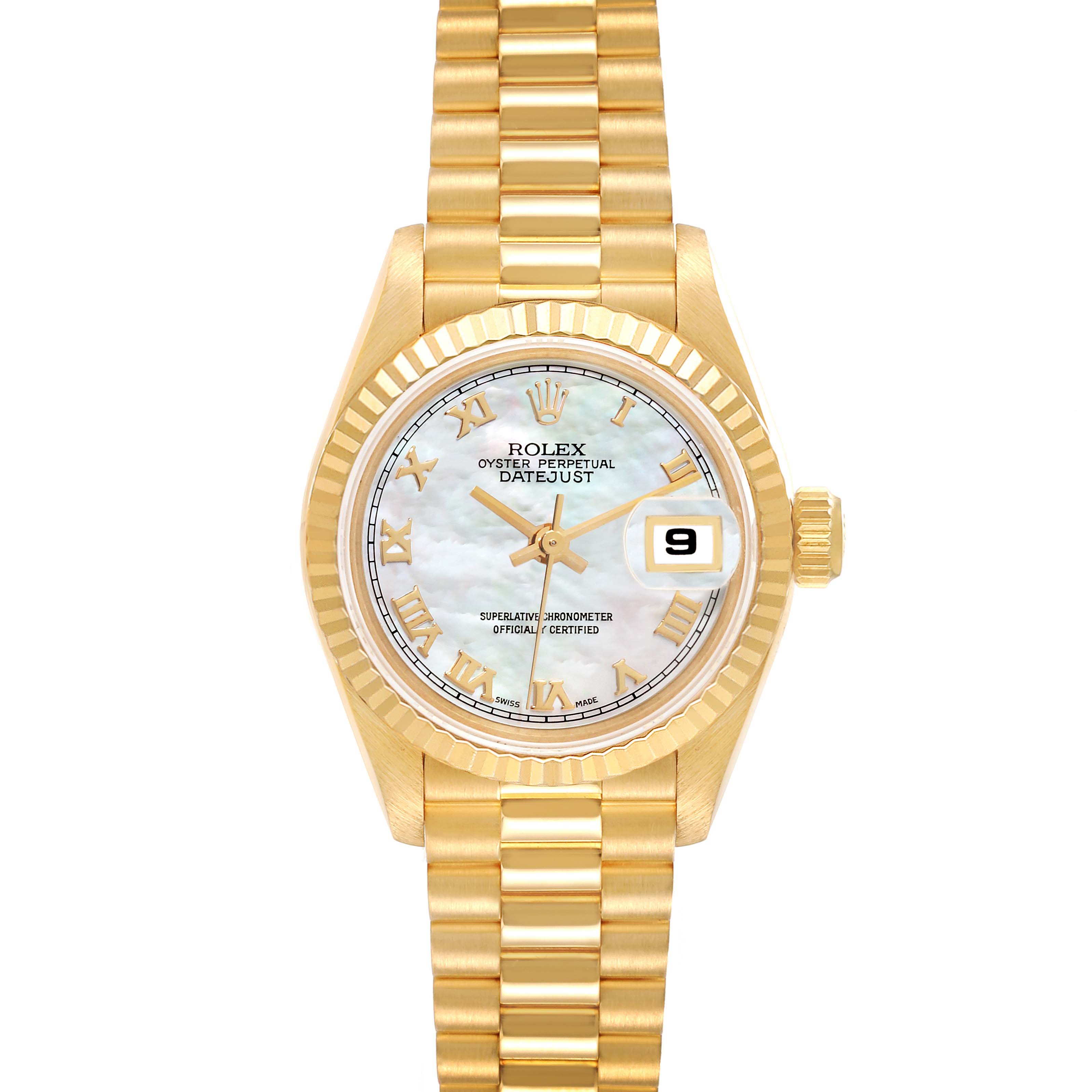 The image shows a frontal view of a Rolex President 69178 Women's Yellow Gold Mother of Pearl Dial 69178 Women's Yellow Gold Mother of Pearl Dial Datejust watch, highlighting the dial, hands, bezel, and bracelet.
