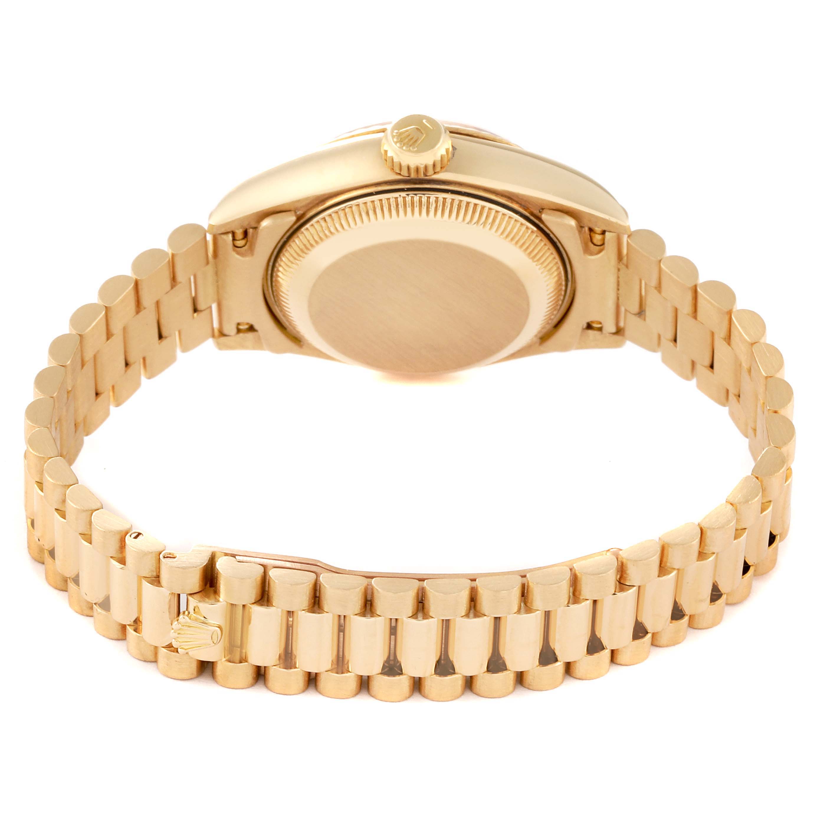 The image shows the back case and bracelet of a Rolex President 69178 Women's Yellow Gold Mother of Pearl Dial 69178 Women's Yellow Gold Mother of Pearl Dial model watch from a rear angle.