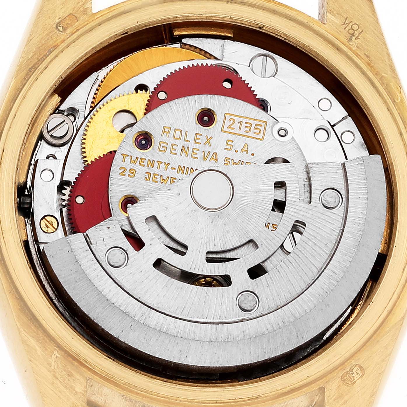 The image shows the internal mechanism of the Rolex President 69178 Women's Yellow Gold Mother of Pearl Dial 69178 Women's Yellow Gold Mother of Pearl Dial model watch, highlighting its gears and rotor.