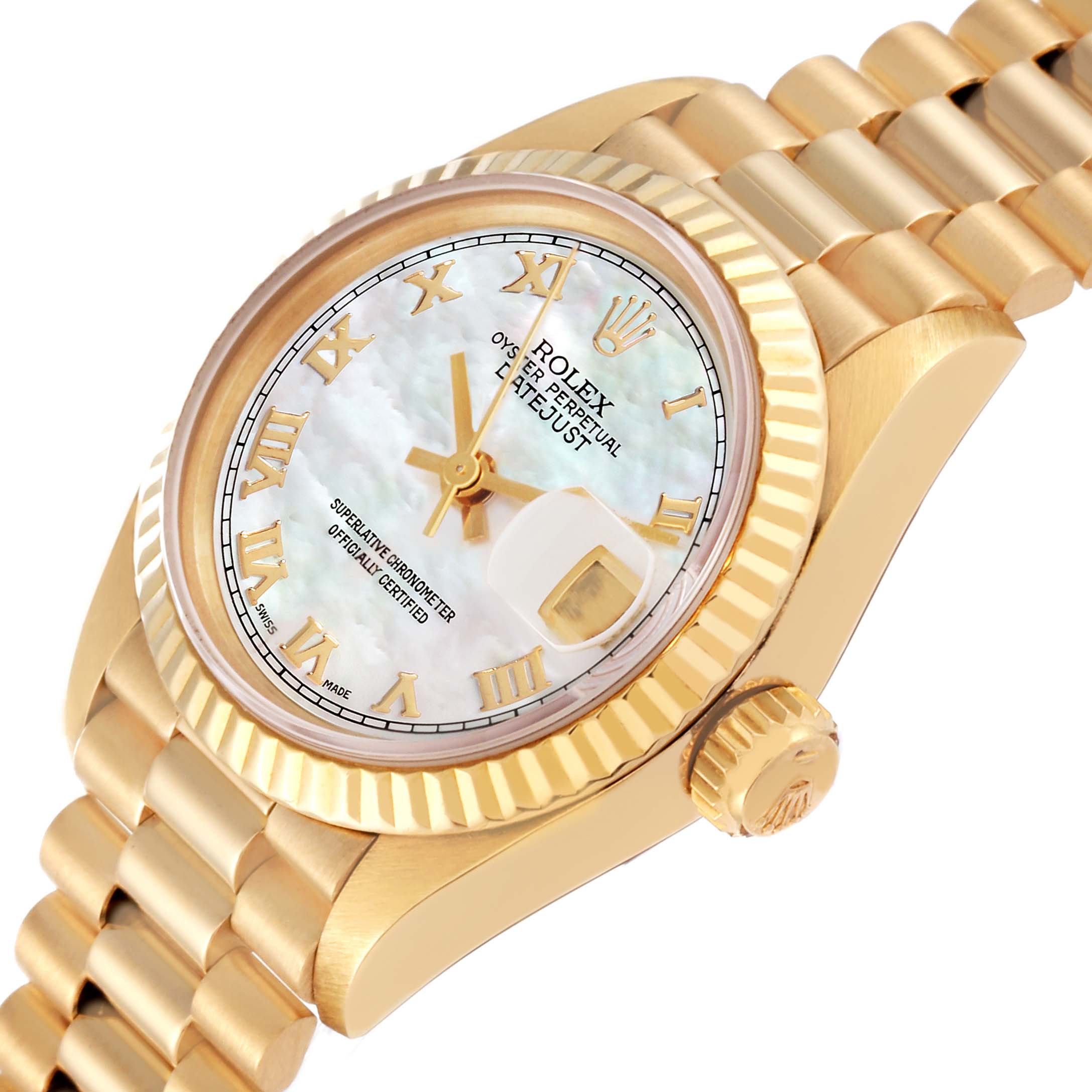 This image shows a close-up angled view of the dial, bezel, crown, and bracelet of a Rolex President 69178 Women's Yellow Gold Mother of Pearl Dial 69178 Women's Yellow Gold Mother of Pearl Dial model watch.