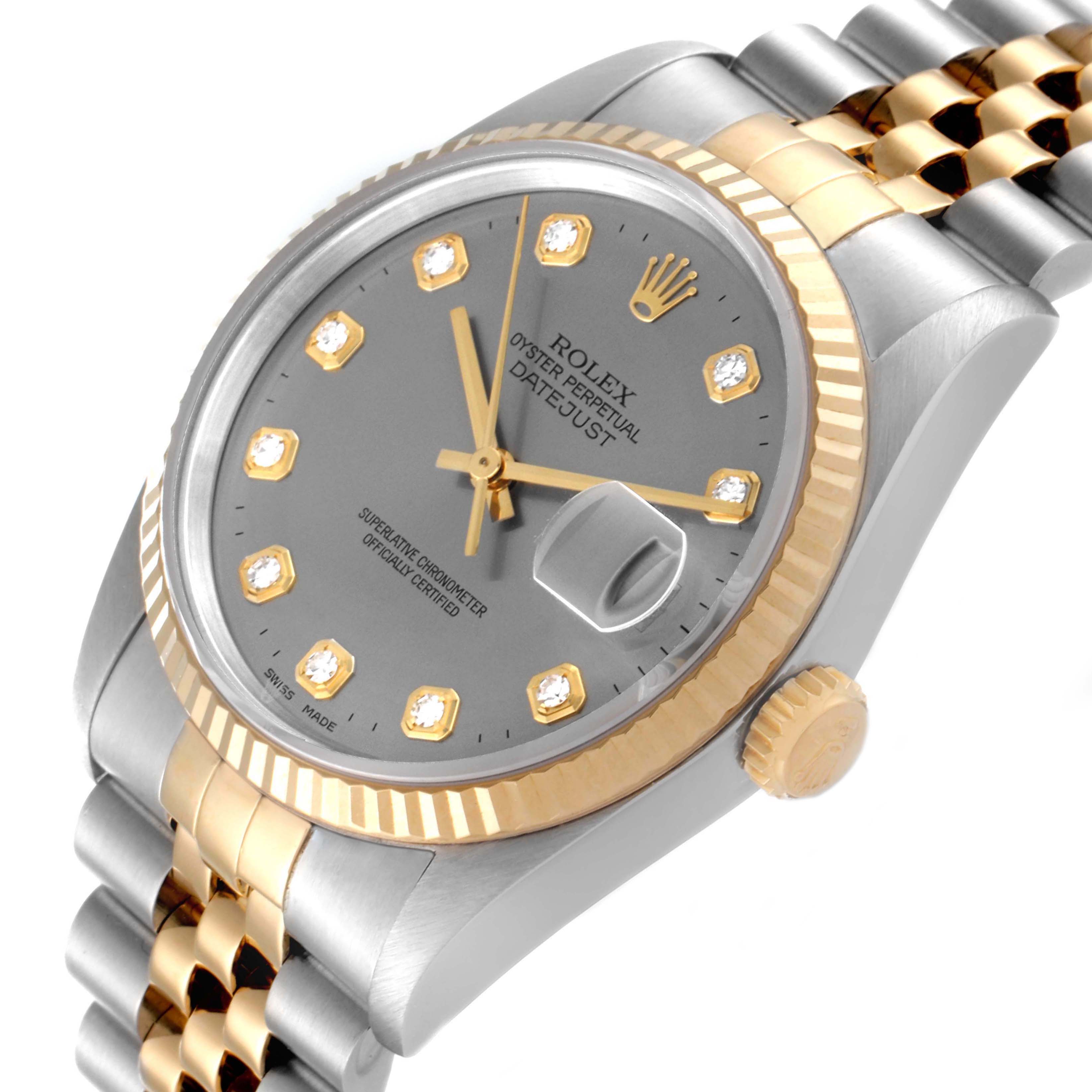 The image shows a Rolex Datejust 16233 Men
s Steel and Gold (two tone) Grey Dial 16233 Men
s Steel and Gold (two tone) Grey Dial watch from an angled perspective, highlighting the dial, bezel, crown, and part of the bracelet.