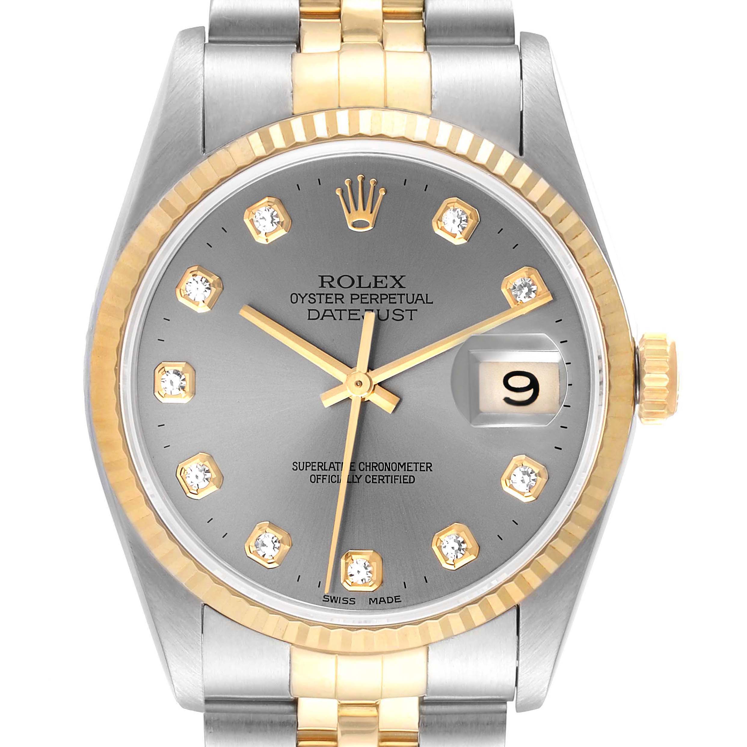 The image shows a front view of a Rolex Datejust 16233 Men
s Steel and Gold (two tone) Grey Dial 16233 Men
s Steel and Gold (two tone) Grey Dial watch, displaying its dial, hands, date window, bezel, and part of the bracelet.