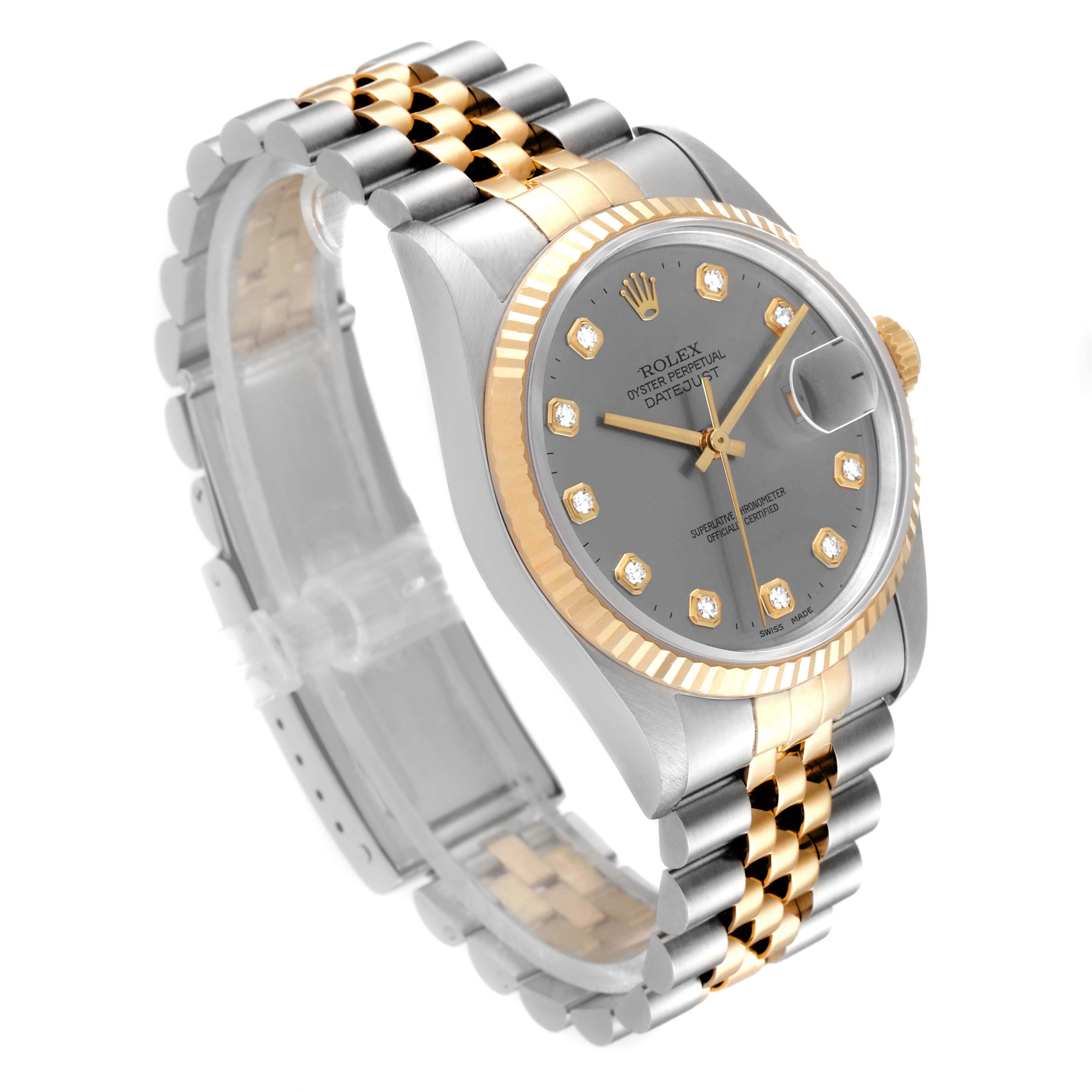 This image shows a Rolex Datejust 16233 Men
s Steel and Gold (two tone) Grey Dial 16233 Men
s Steel and Gold (two tone) Grey Dial watch at a three-quarters angle, highlighting its jubilee bracelet, fluted bezel, and diamond hour markers.
