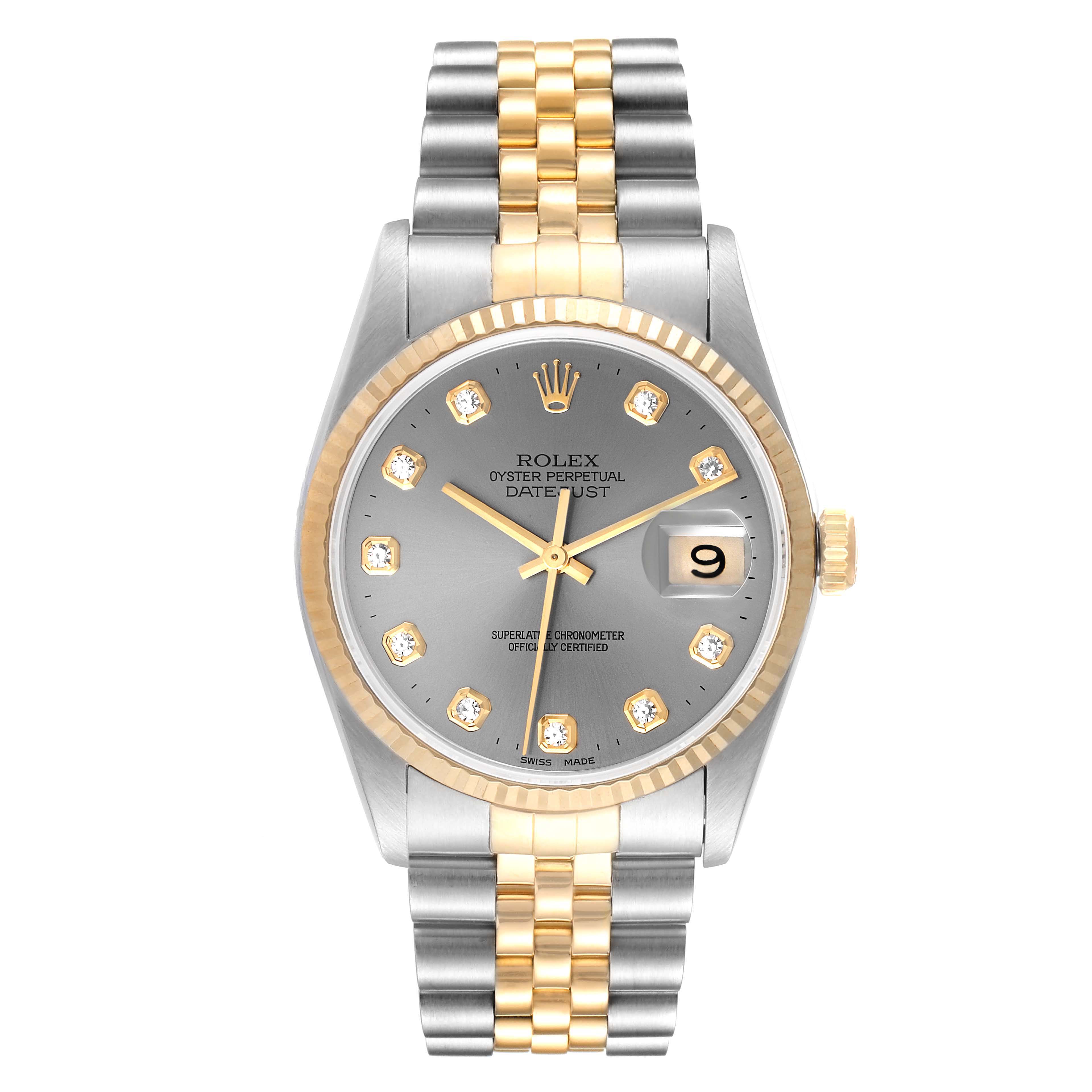 The image shows a front view of a Rolex Datejust 16233 Men
s Steel and Gold (two tone) Grey Dial 16233 Men
s Steel and Gold (two tone) Grey Dial watch, featuring a silver dial, gold and silver bezel, and a two-tone bracelet.